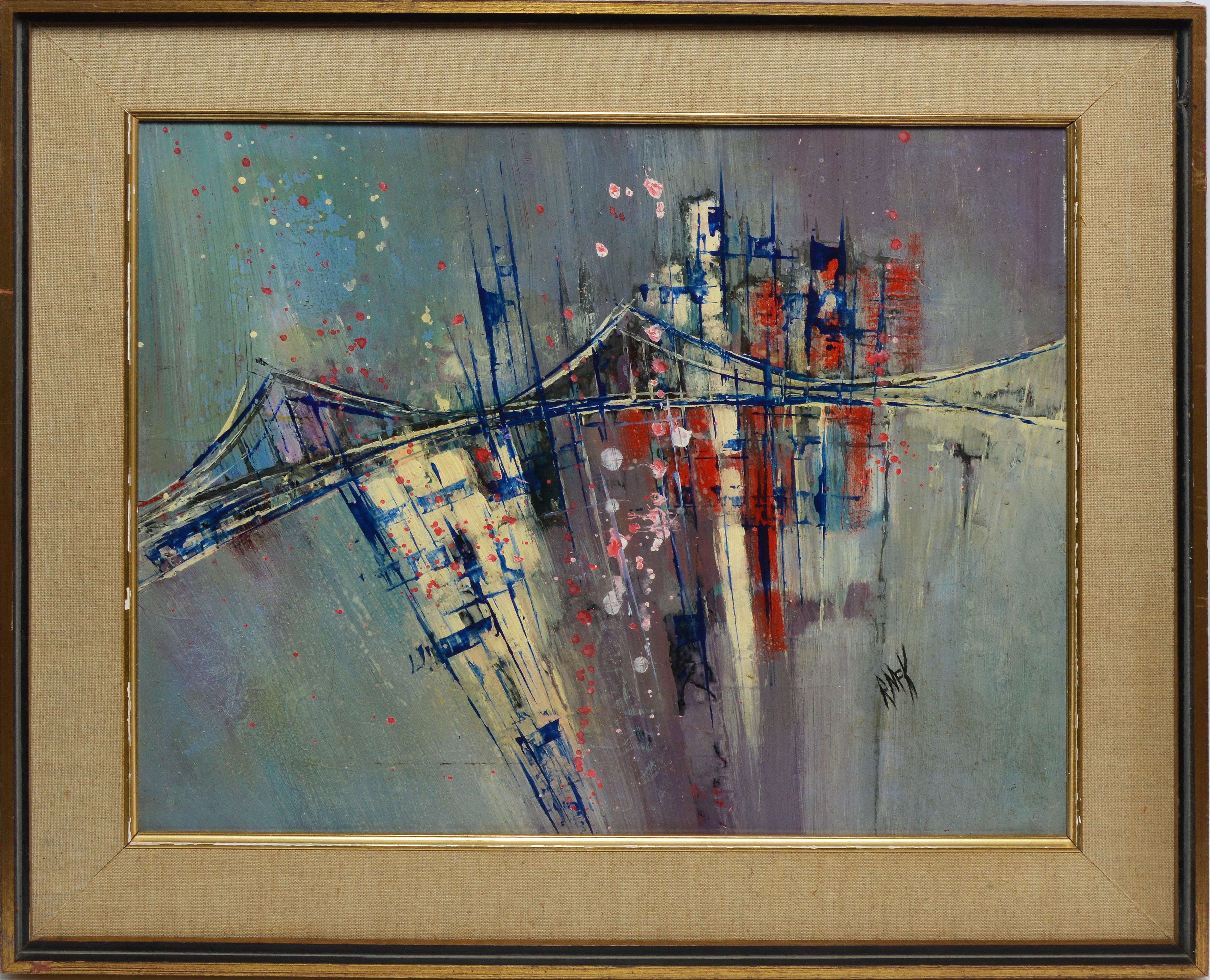 Unknown Landscape Painting - Vintage American Modernist School, Abstract Oil Painting of the Brooklyn Bridge