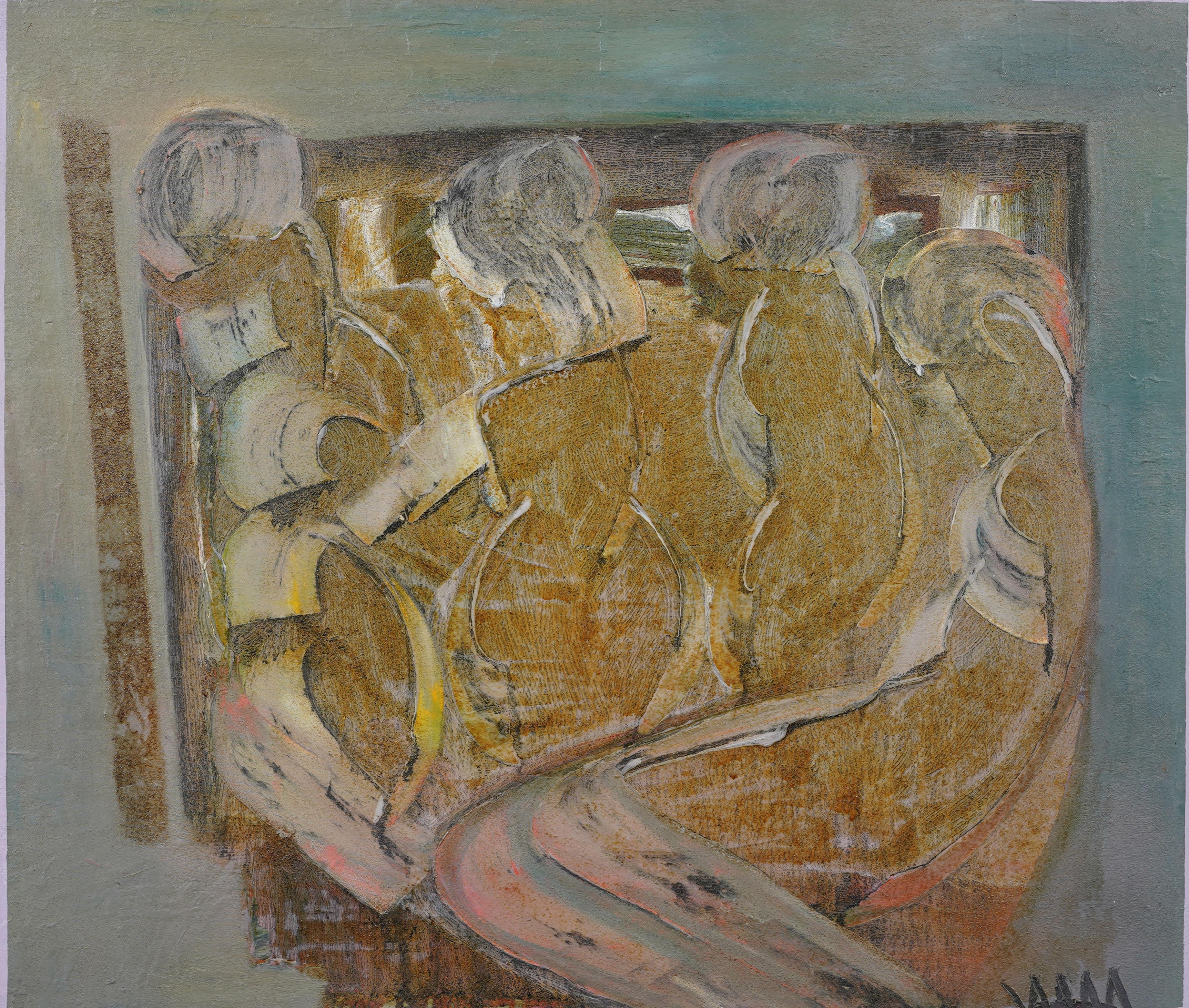 Quadro figurato modernista astratto espressionista americano d'epoca.  Olio su tela.  Incorniciato.  Firmato.  