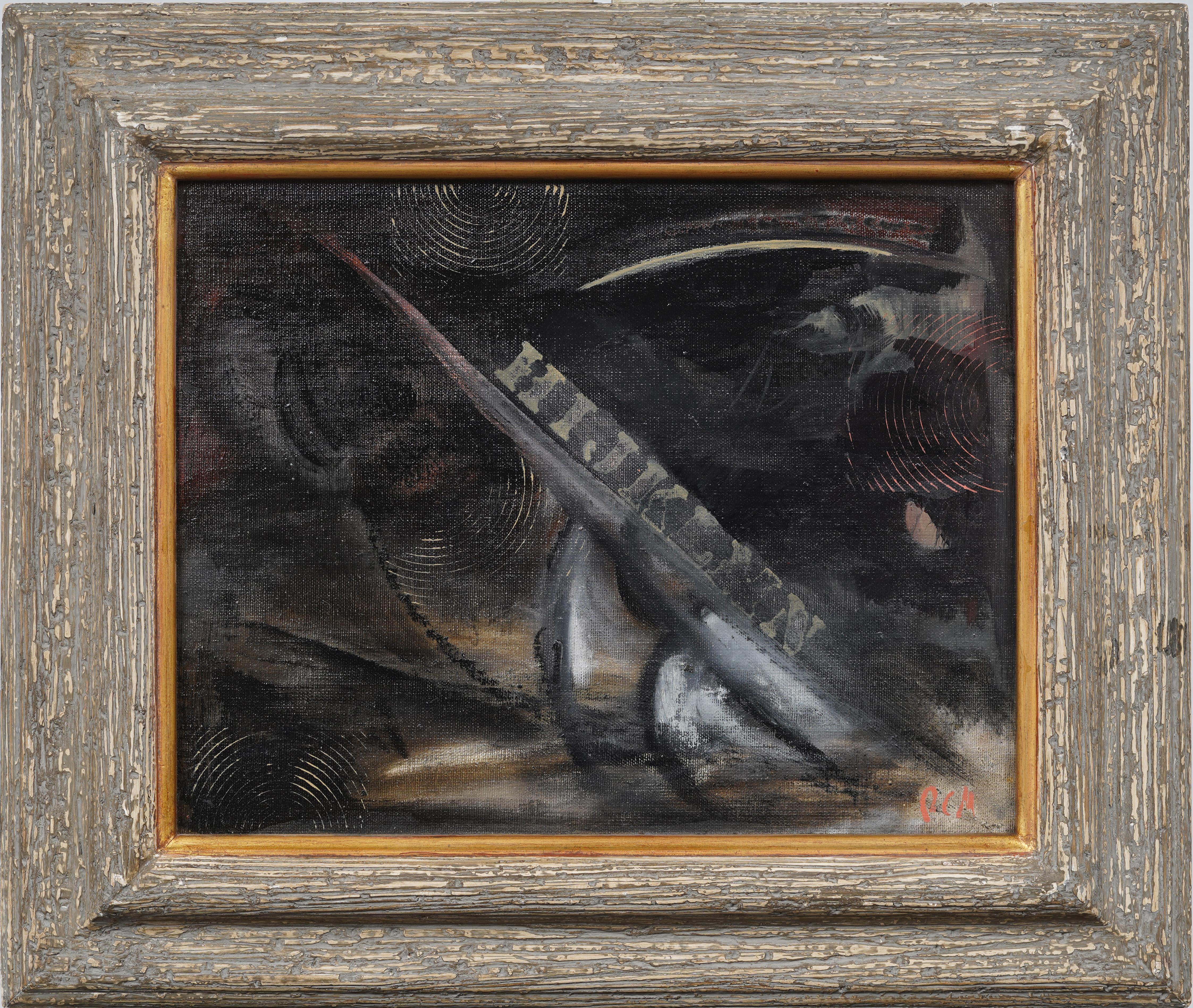 Vintage American Modernist Signed Abstract Expressionist Framed Oil Painting - Gray Abstract Painting by Unknown