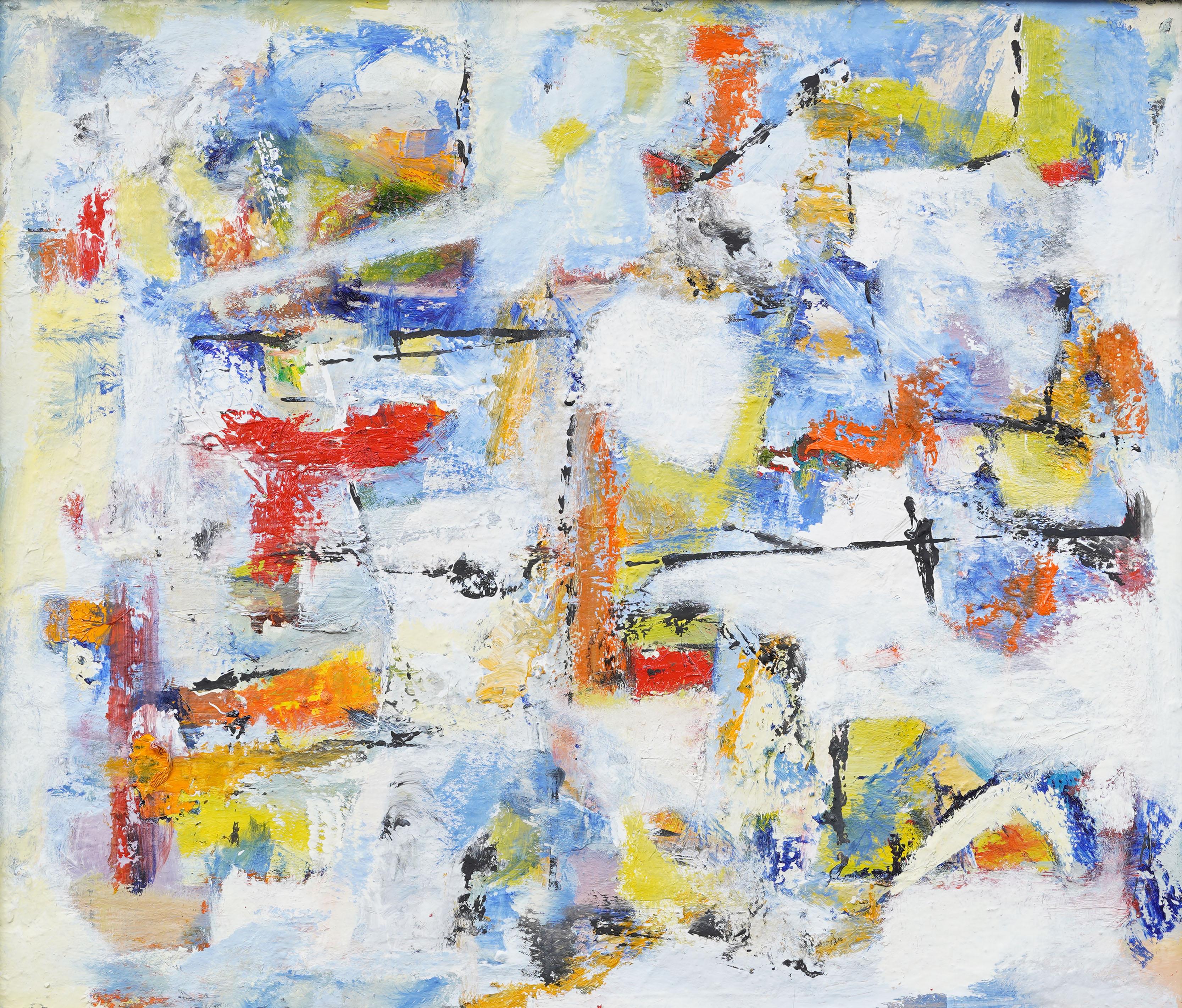 Oil on canvas, 28 x 31 inches overall, 25 x 30 inches image size.
A dynamic abstract expressionist composition with an energetic interplay of saturated primaries and gestural impasto. The layered surface—built through assertive brushstrokes, palette