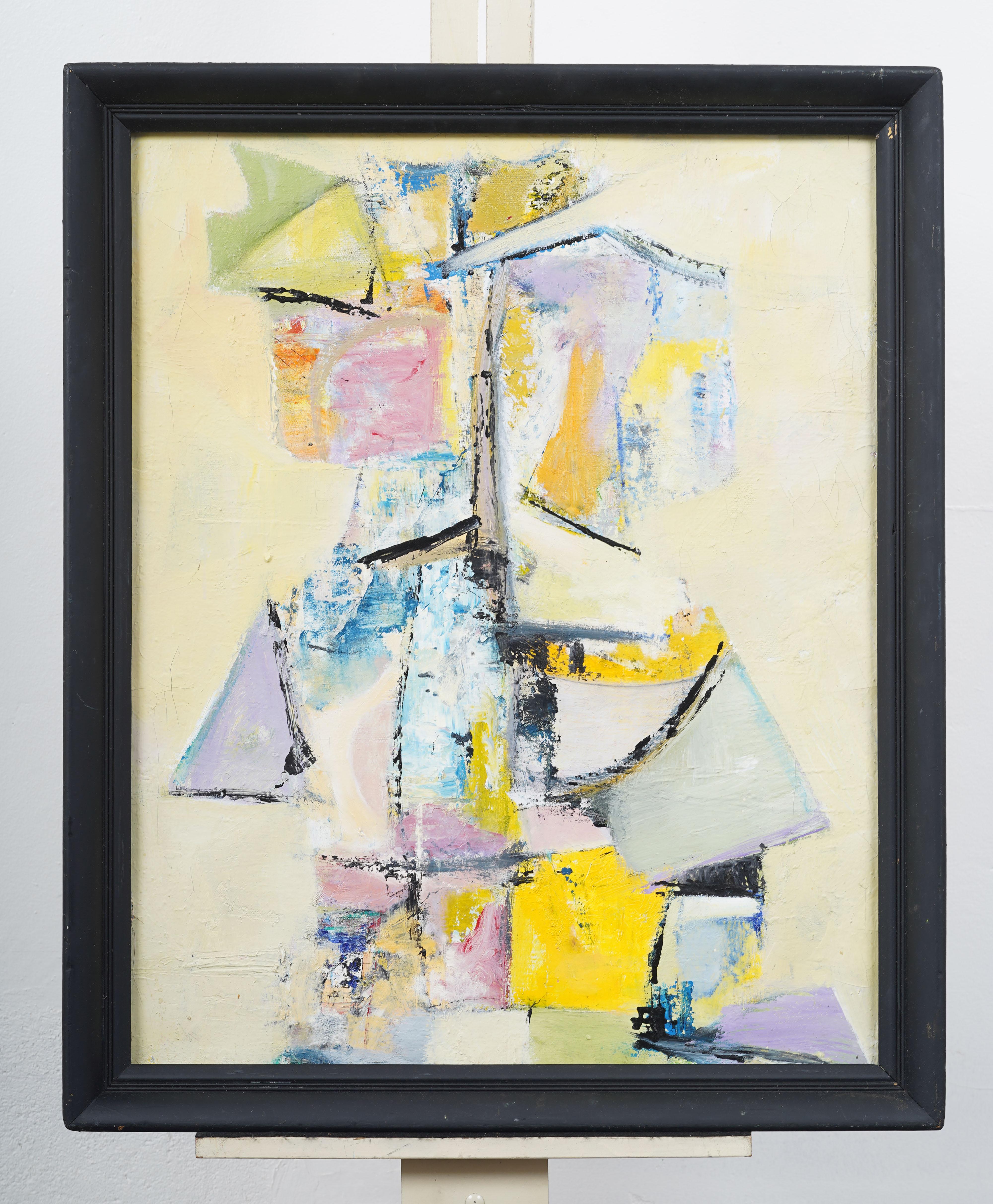 This  mid-century abstract composition employs a dynamic interplay of geometric planes and gestural brushwork, rendered in a vibrant yet balanced palette of pastel pinks, acid yellows, celadon, and sky blues. Areas of impasto contrast with thinner