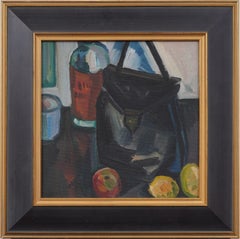 Vintage Modernista Americano firmato Natura morta astratta incorniciata Pittura ad olio