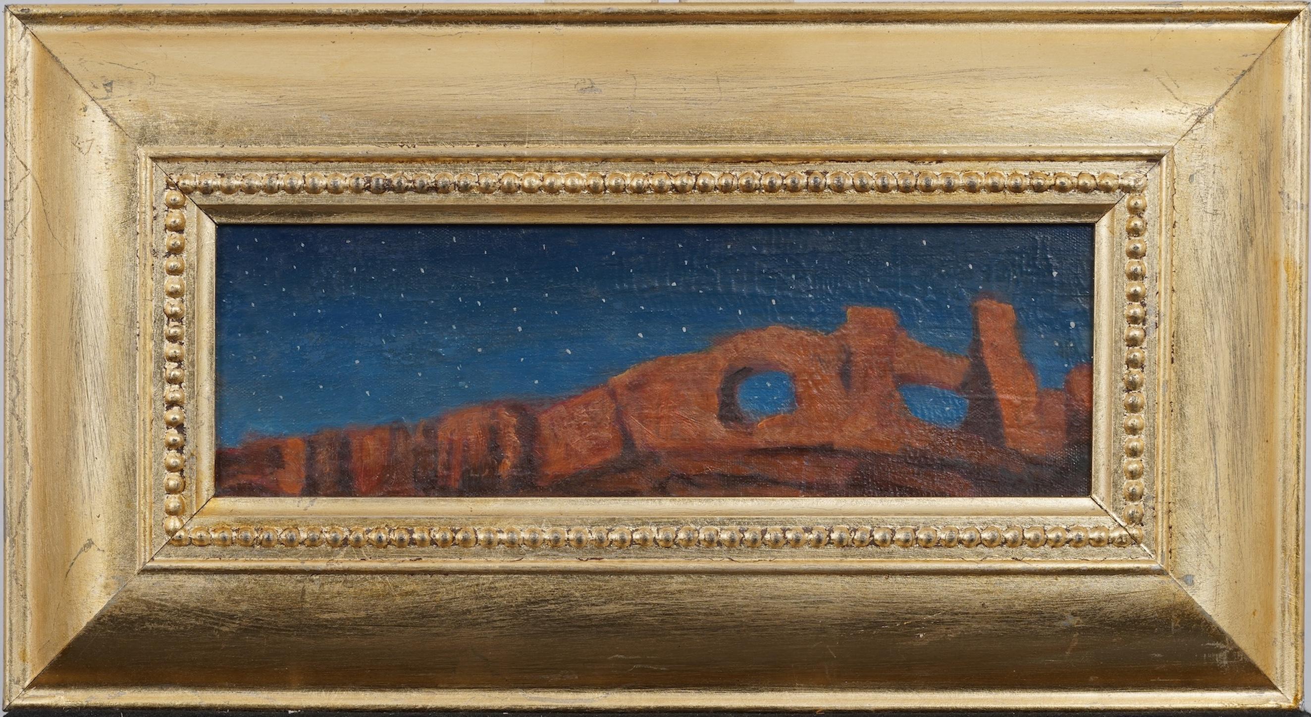 Unknown Landscape Painting - Vintage American Modernist Southwestern Nocturnal Starlit Sky Oil Painting