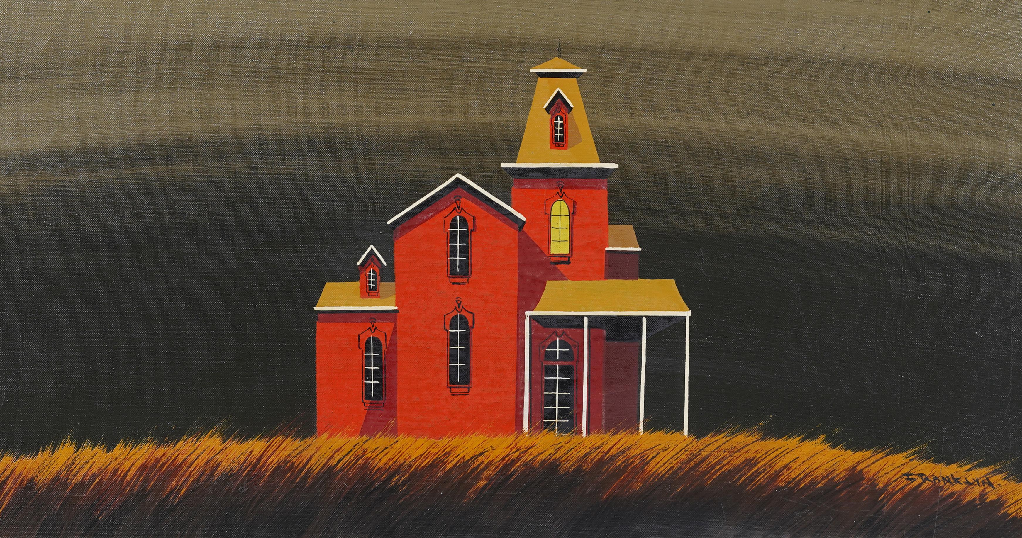 Vintage American Modernist Stark Red House Landscape Framed Signed Oil Painting For Sale 1