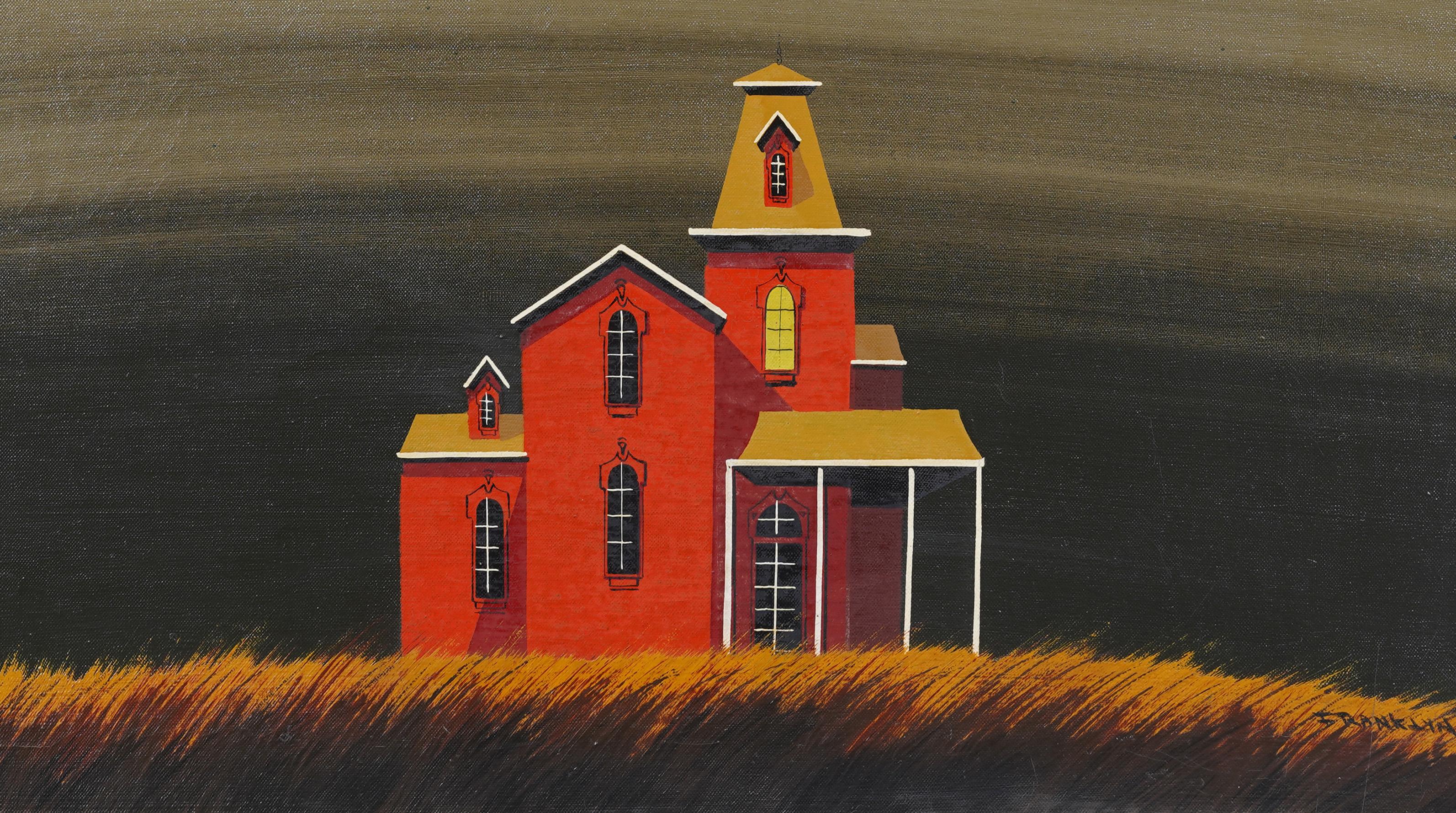 Vintage American Modernist Stark Red House Landscape Framed Signed Oil Painting For Sale 2
