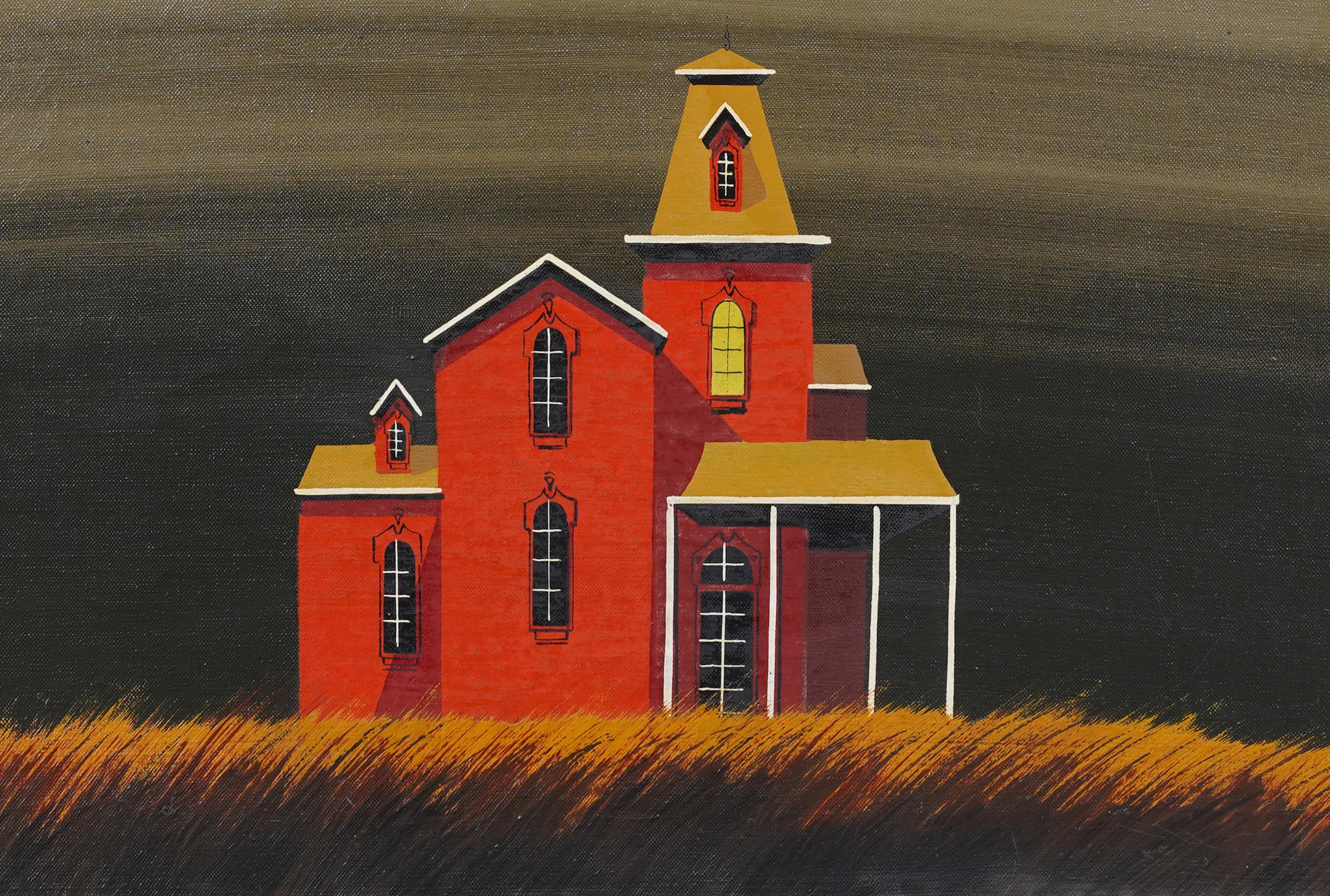 Vintage American Modernist Stark Red House Landscape Framed Signed Oil Painting For Sale 3
