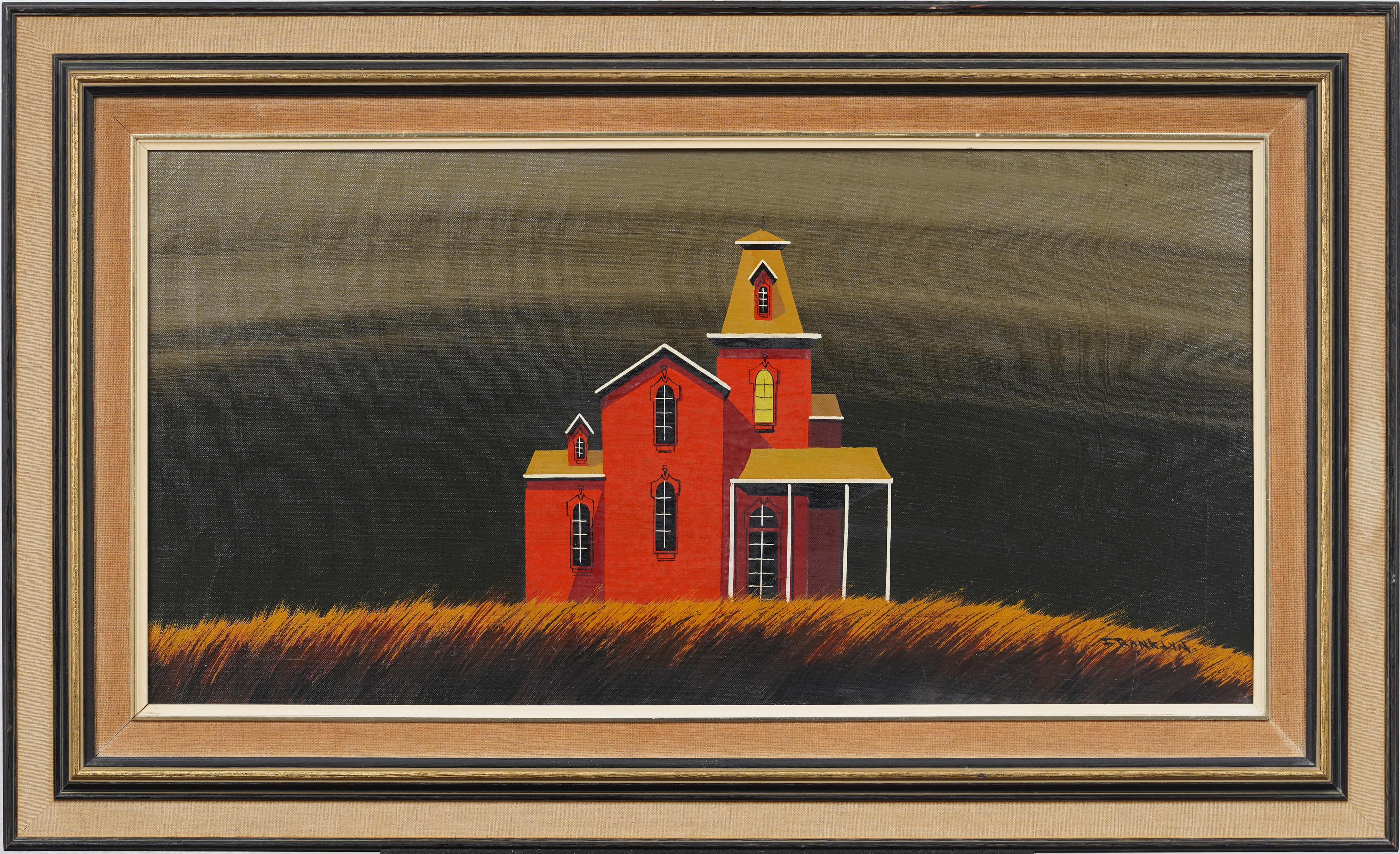 Vintage American Modernist Stark Red House Landscape Pintura al óleo enmarcada y firmada