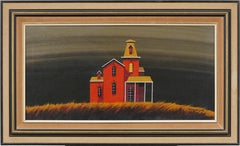 Vintage American Modernist Stark Red House Landscape Pittura ad olio incorniciata e firmata
