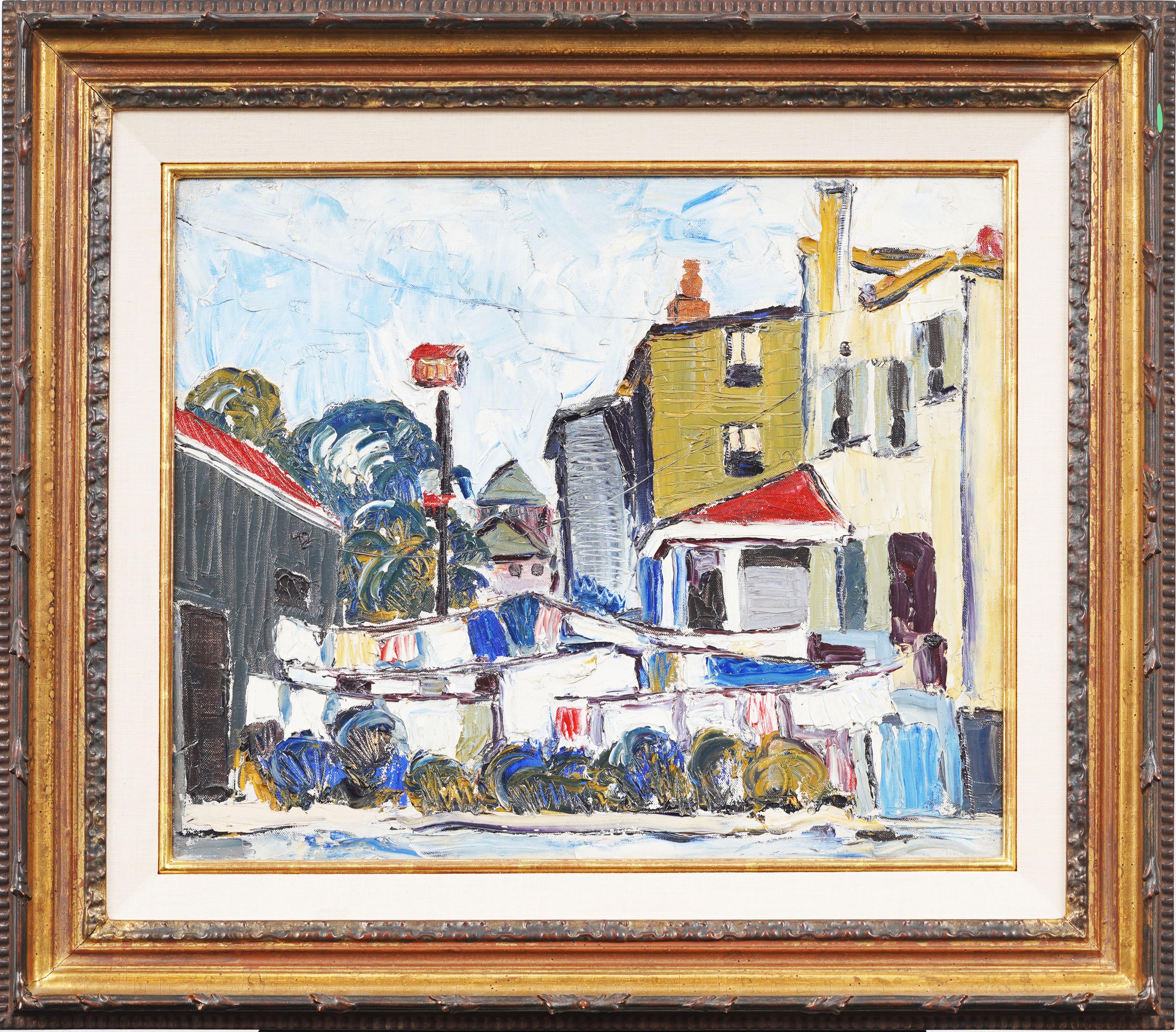 Vintage American Modernist Street Scene Framed Original Thick Impasto Painting