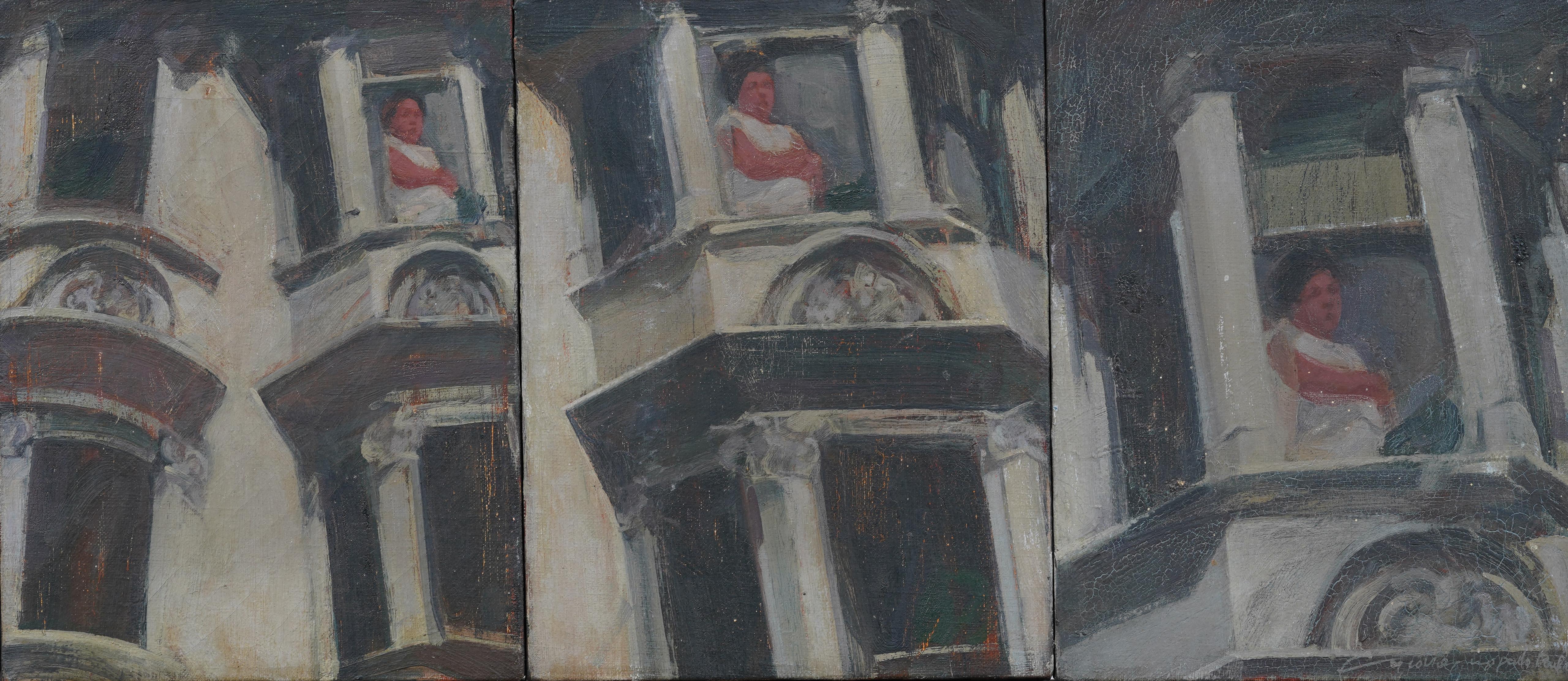 Impressive modernist street scene painting.  Oil on canvas.  Signed.  Framed.  In excellent original condition.  Handsomely framed in a period giltwood molding.  Excellent condition, ready to hang and enjoy. 