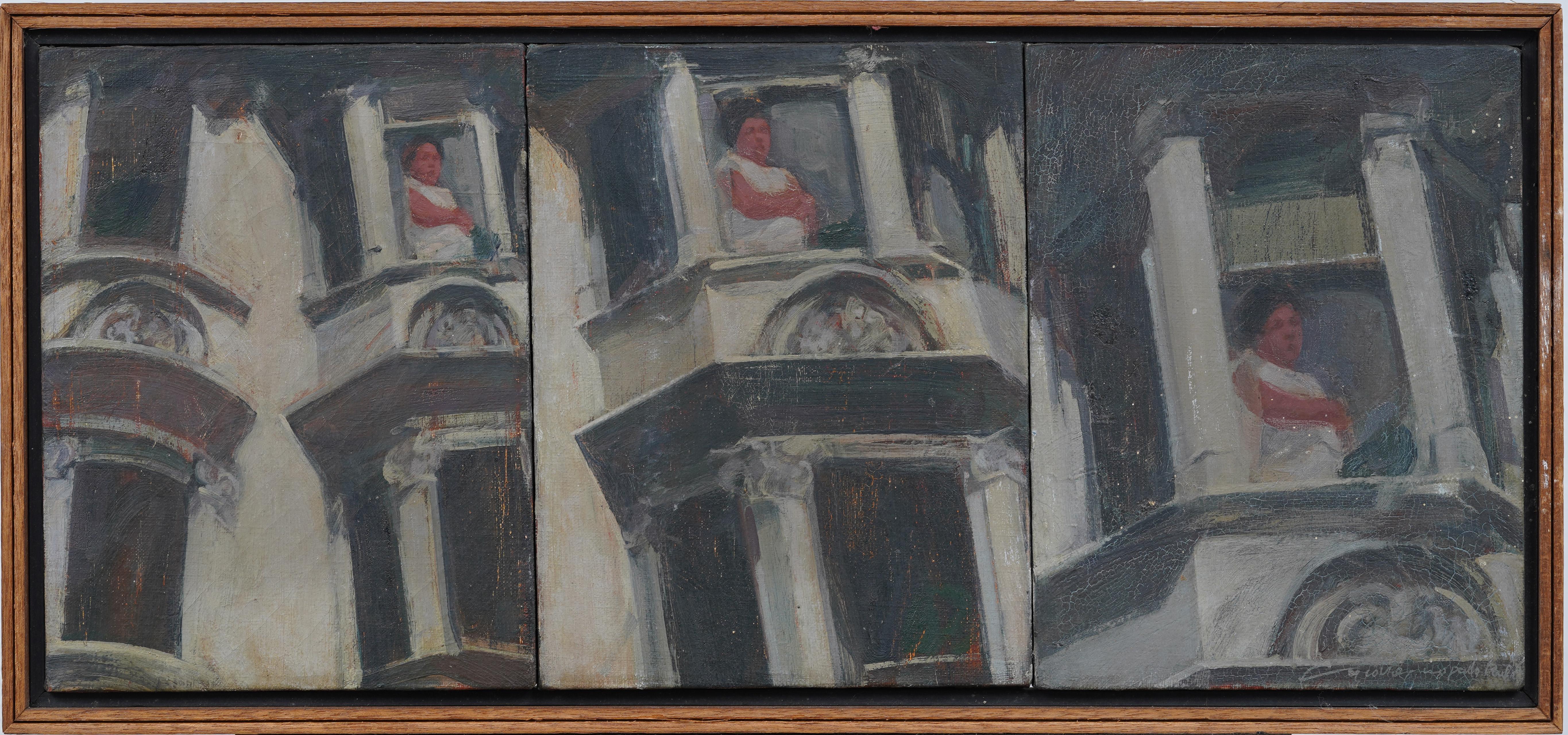 Vintage American Modernist Street Scene Signed Framed Oil Painting (Pittura a olio con cornice)