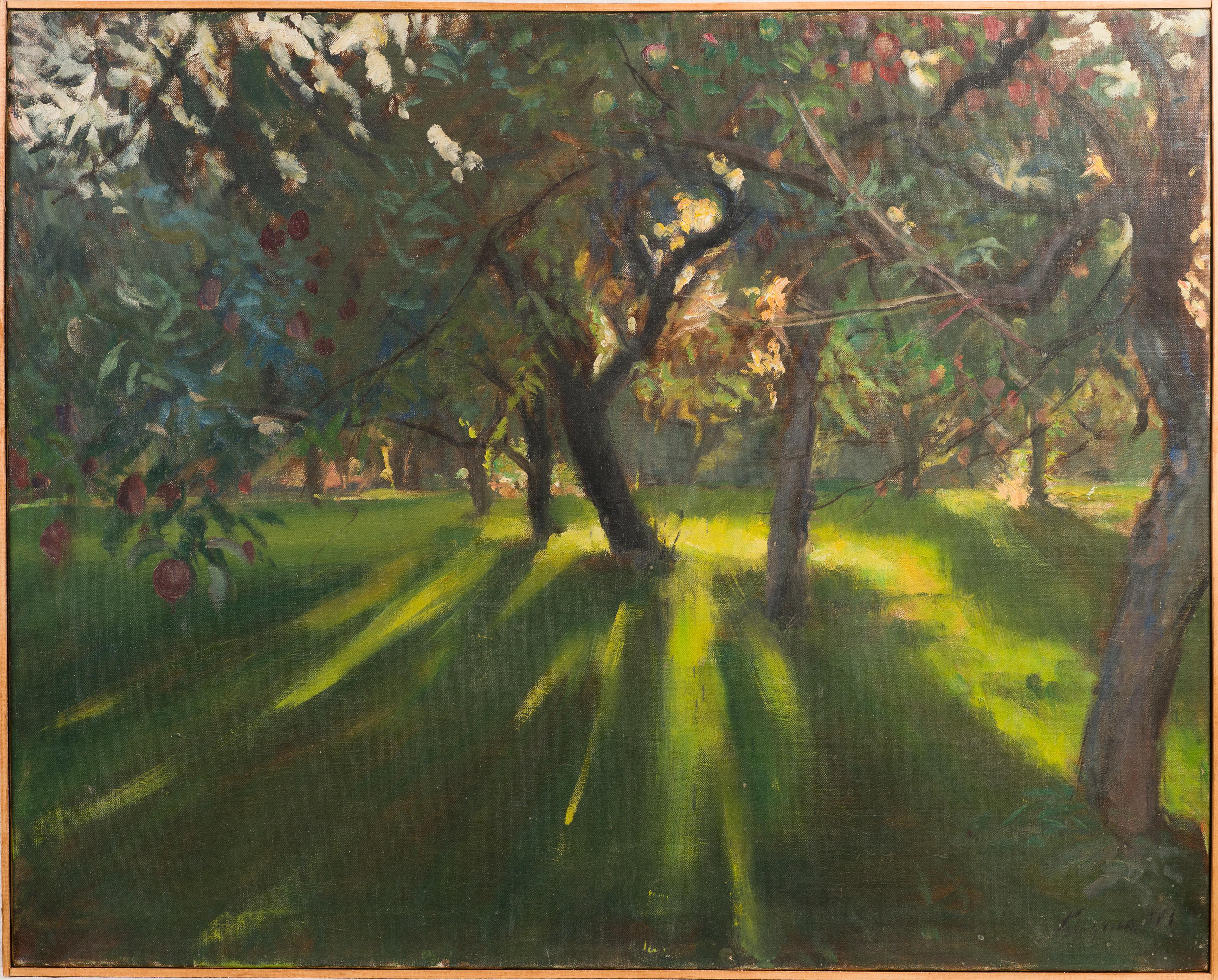Vintage American Modernist Sunburst Apple Orchard Landscape Oil Painting Signed - Black Landscape Painting by Unknown