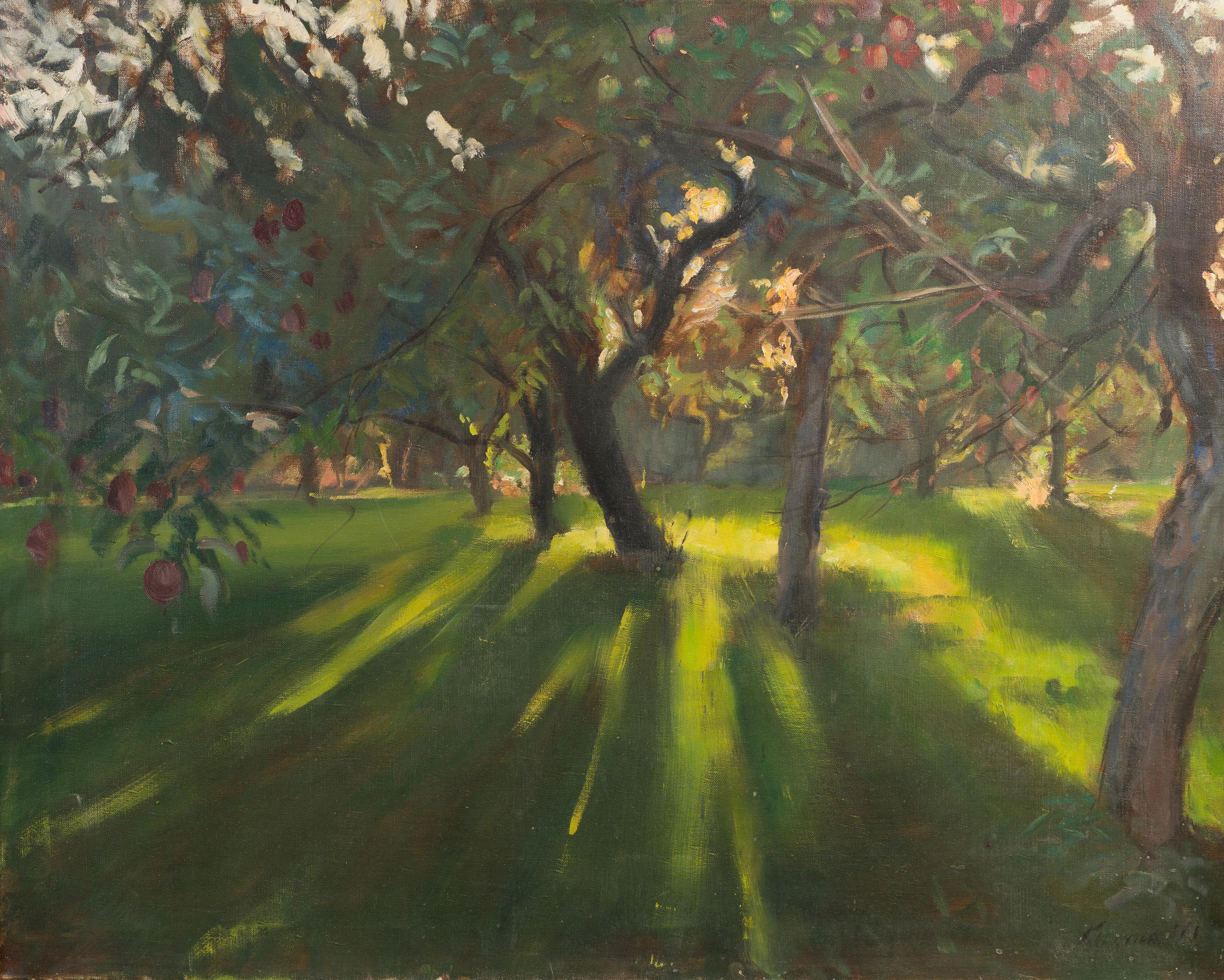 Vintage American Modernist Sunburst Apple Orchard Landscape Oil Painting Signed 1