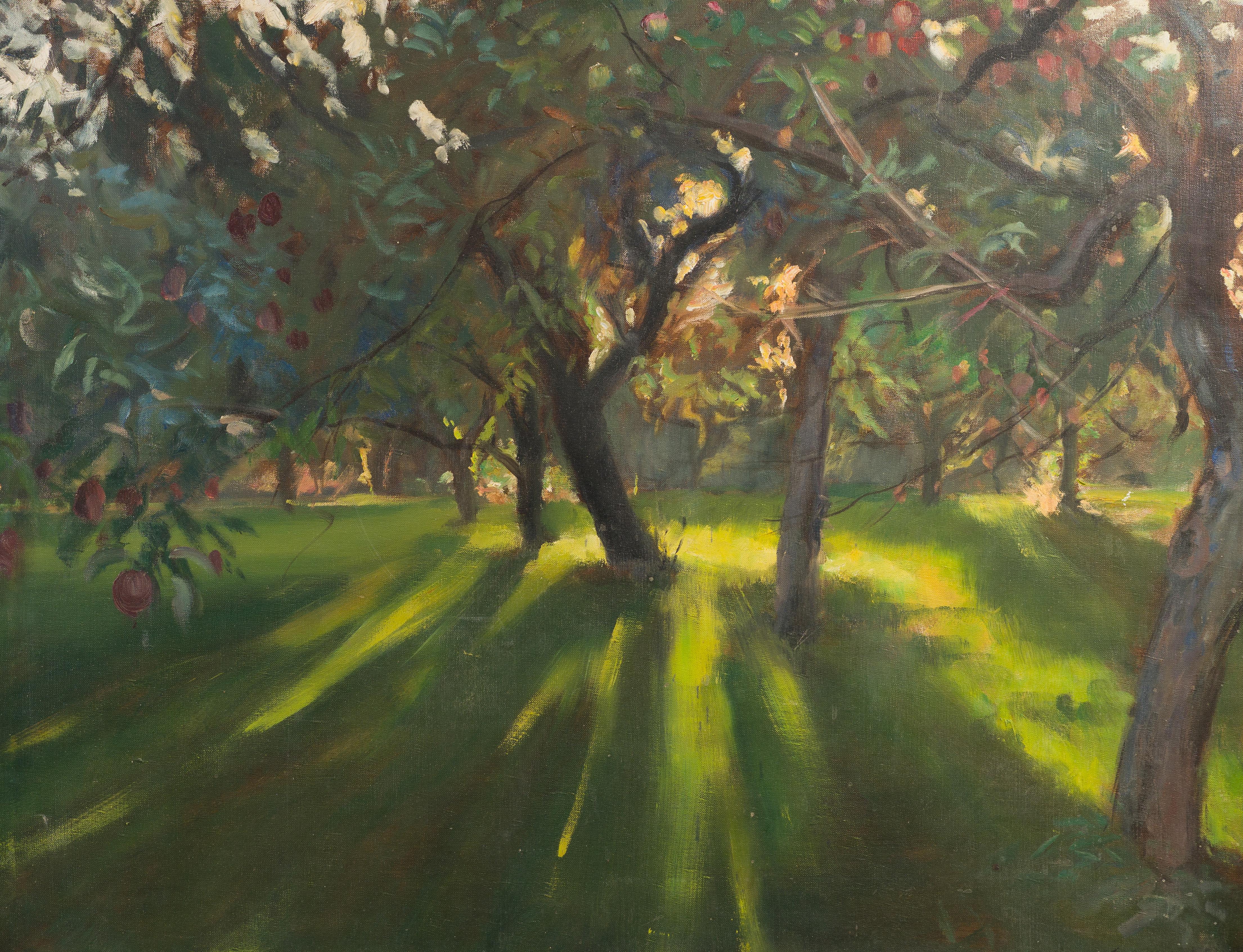 Vintage American Modernist Sunburst Apple Orchard Landscape Oil Painting Signed 2