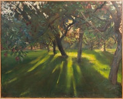 Vintage American Modernist Sunburst Apple Orchard Landscape Oil Painting Signed