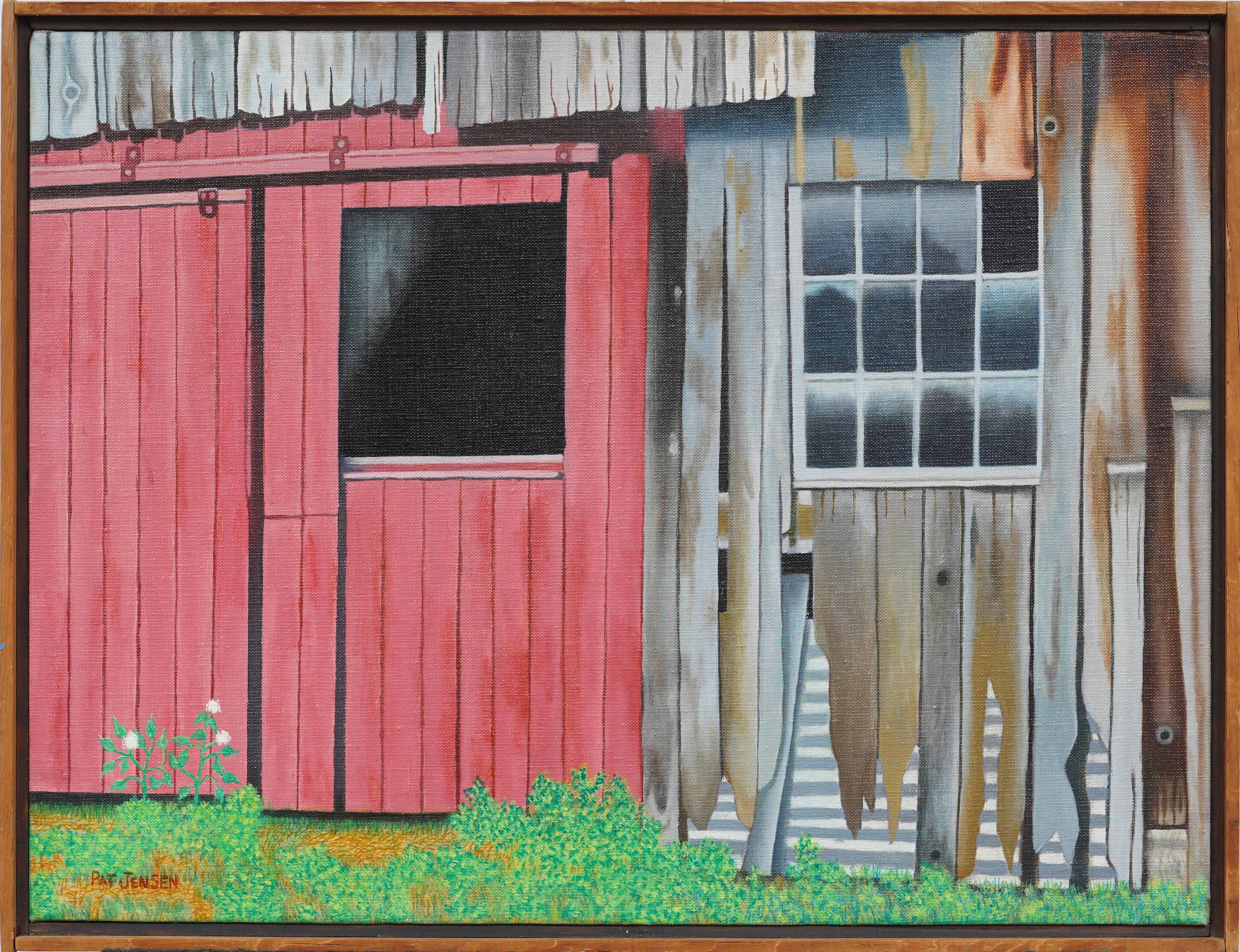 Vintage American Modernist Super Realist Barn Landscape Signed Framed Painting