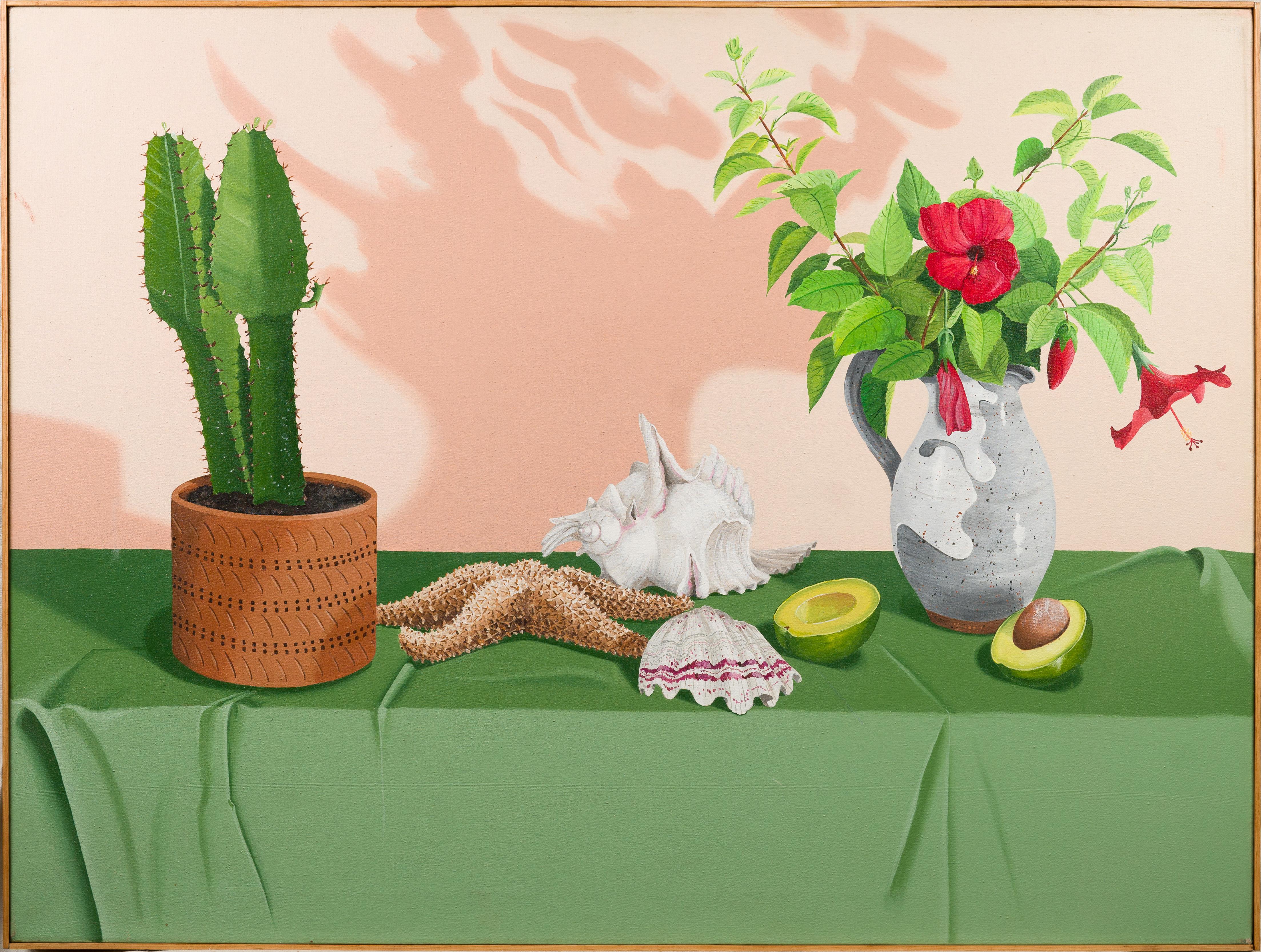 Vintage American Modernist Super Realist Trompe L'Oeil Cactus Avacado Still Life - Painting by Unknown