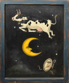 Vintage American Modernist Surreal Allegorical Cow Jumping the Moon Oil Painting