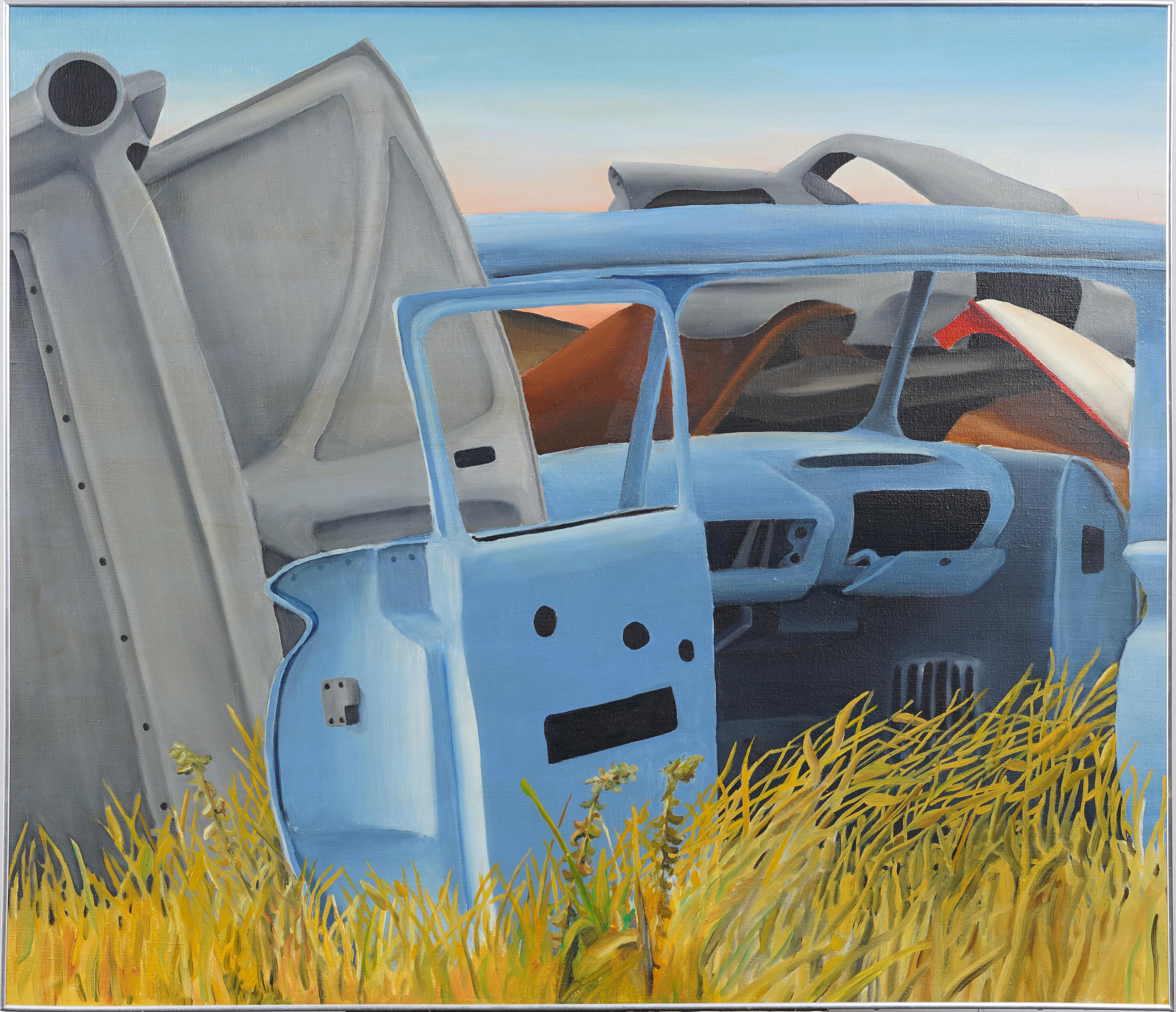Vintage American Modernist Surreal Car Still Life Encadré Landscape Oil Painting - Gris Still-Life Painting par Unknown