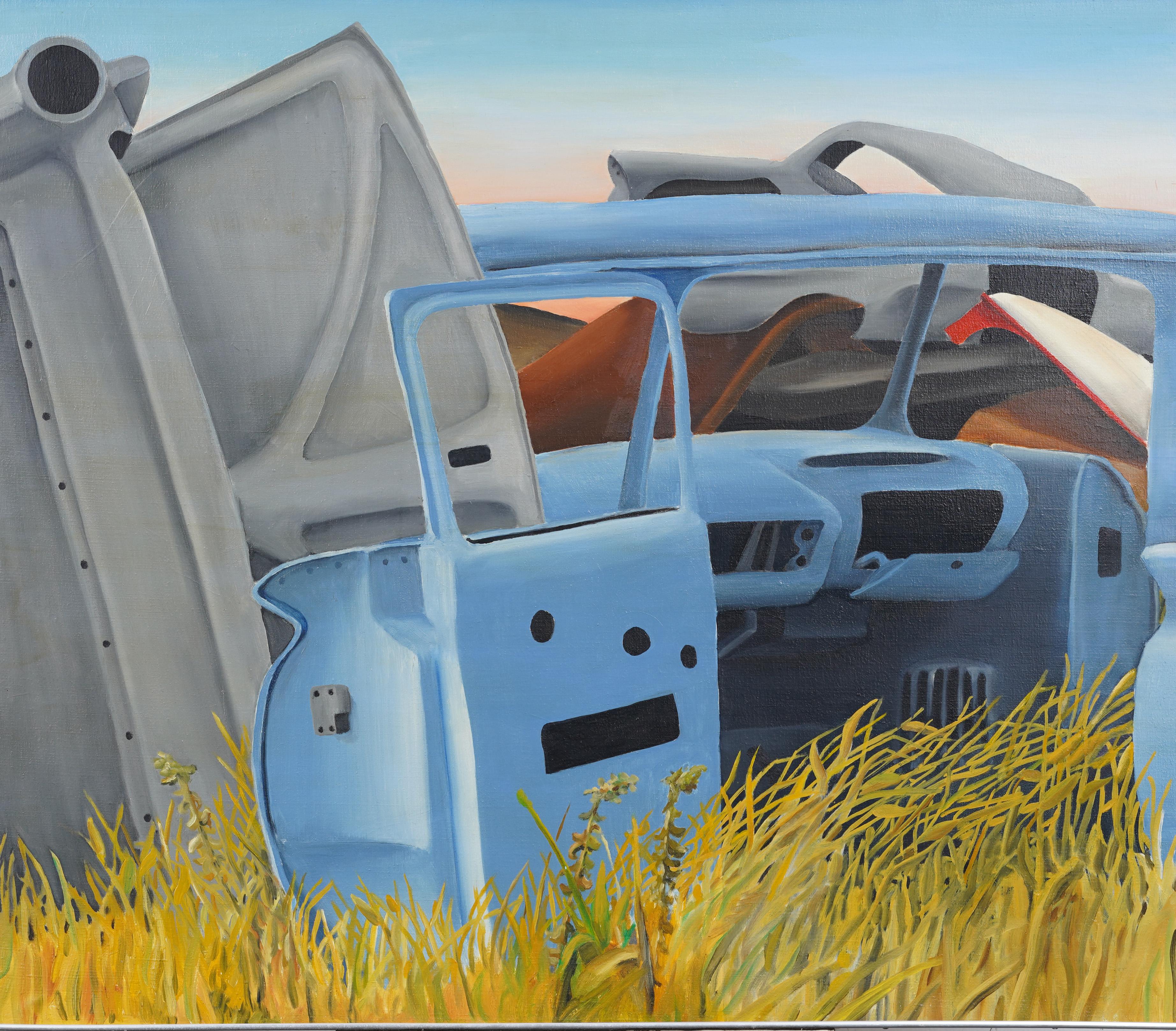 Impressionnante peinture à l'huile de nature morte et de paysage de voiture du début de l'époque moderniste américaine.  Encadré.  Huile sur toile.  Signé.  