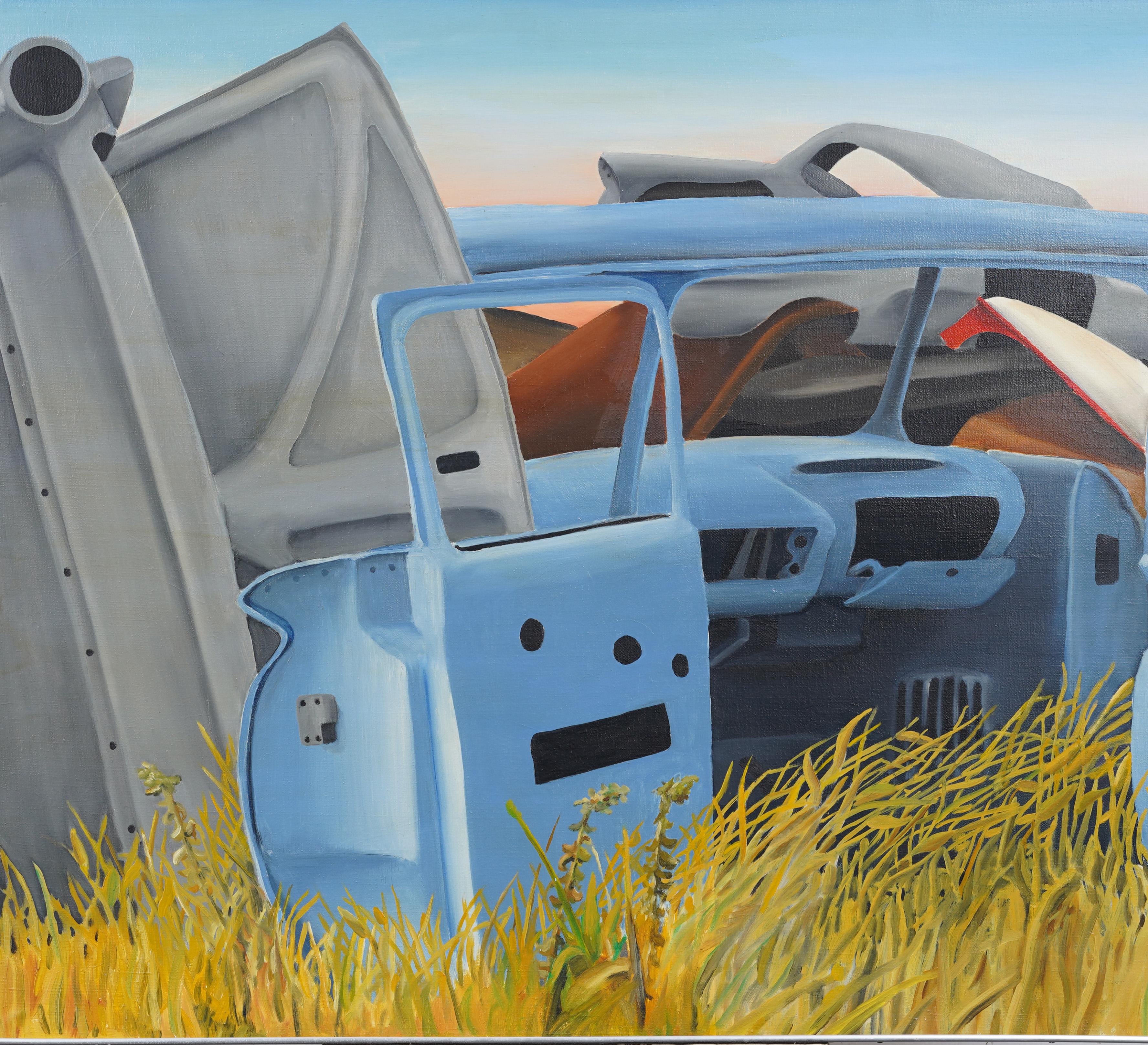 Vintage American Modernist Surreal Car Still Life Encadré Landscape Oil Painting en vente 1
