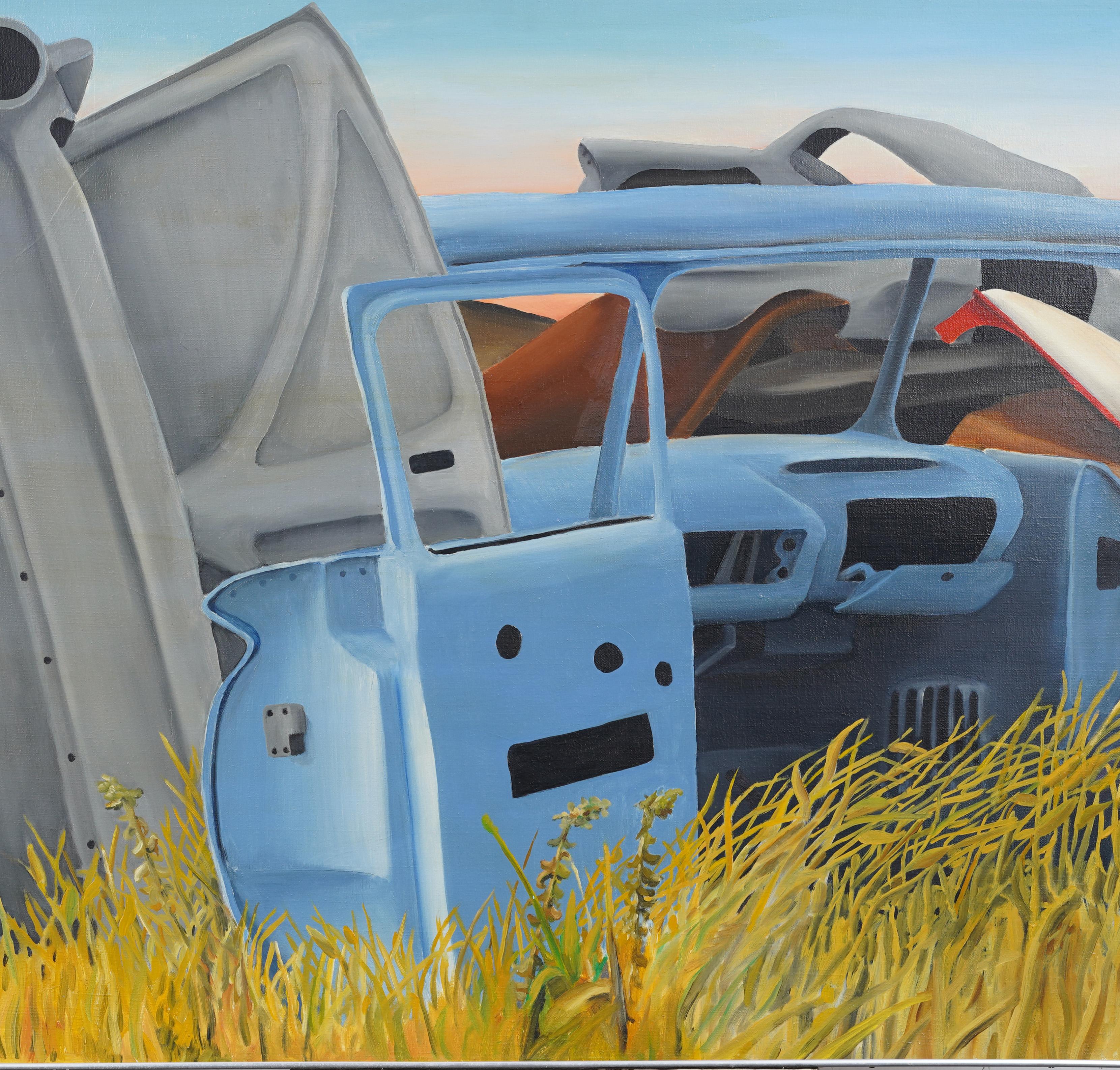Vintage American Modernist Surreal Car Still Life Encadré Landscape Oil Painting en vente 2