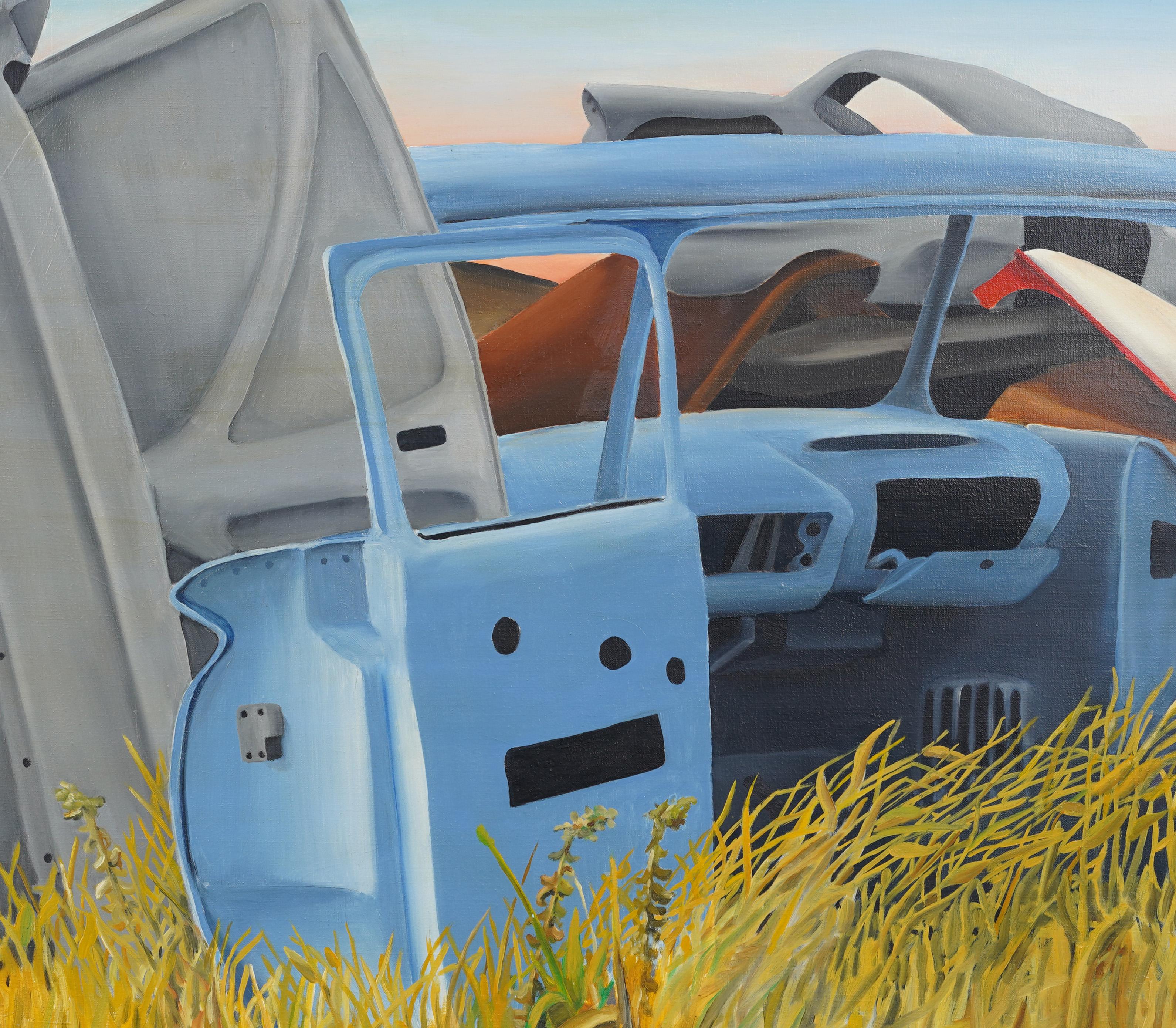 Vintage American Modernist Surreal Car Still Life Encadré Landscape Oil Painting en vente 3