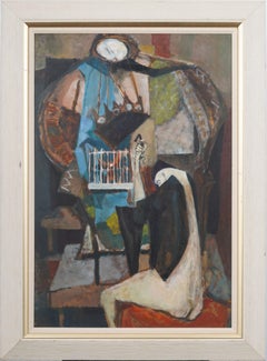 Vintage American Modernist Surreal Figural Nude Portrait Large Framed Painting