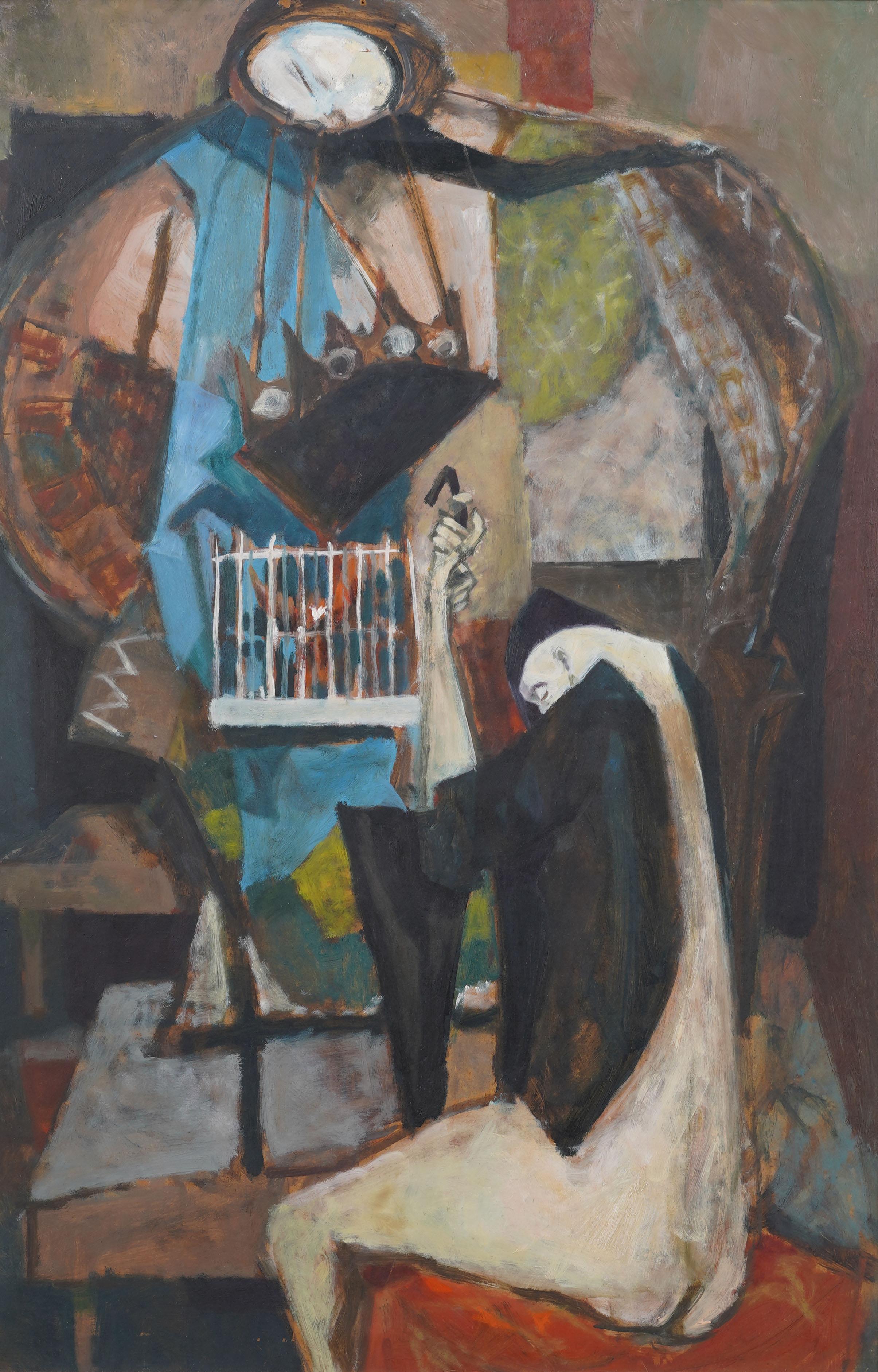 Vintage American Modernist Surreal Figural Nude Portrait Large Framed Painting For Sale 1