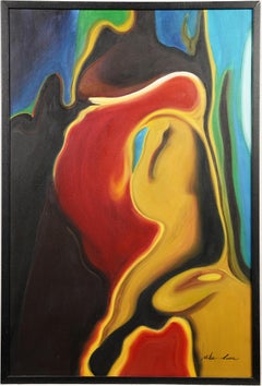 Vintage American Modernist Surreal Landscape Framed Abstract Oil Painting