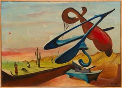Pittura ad olio vintage modernista surreale firmata e incorniciata