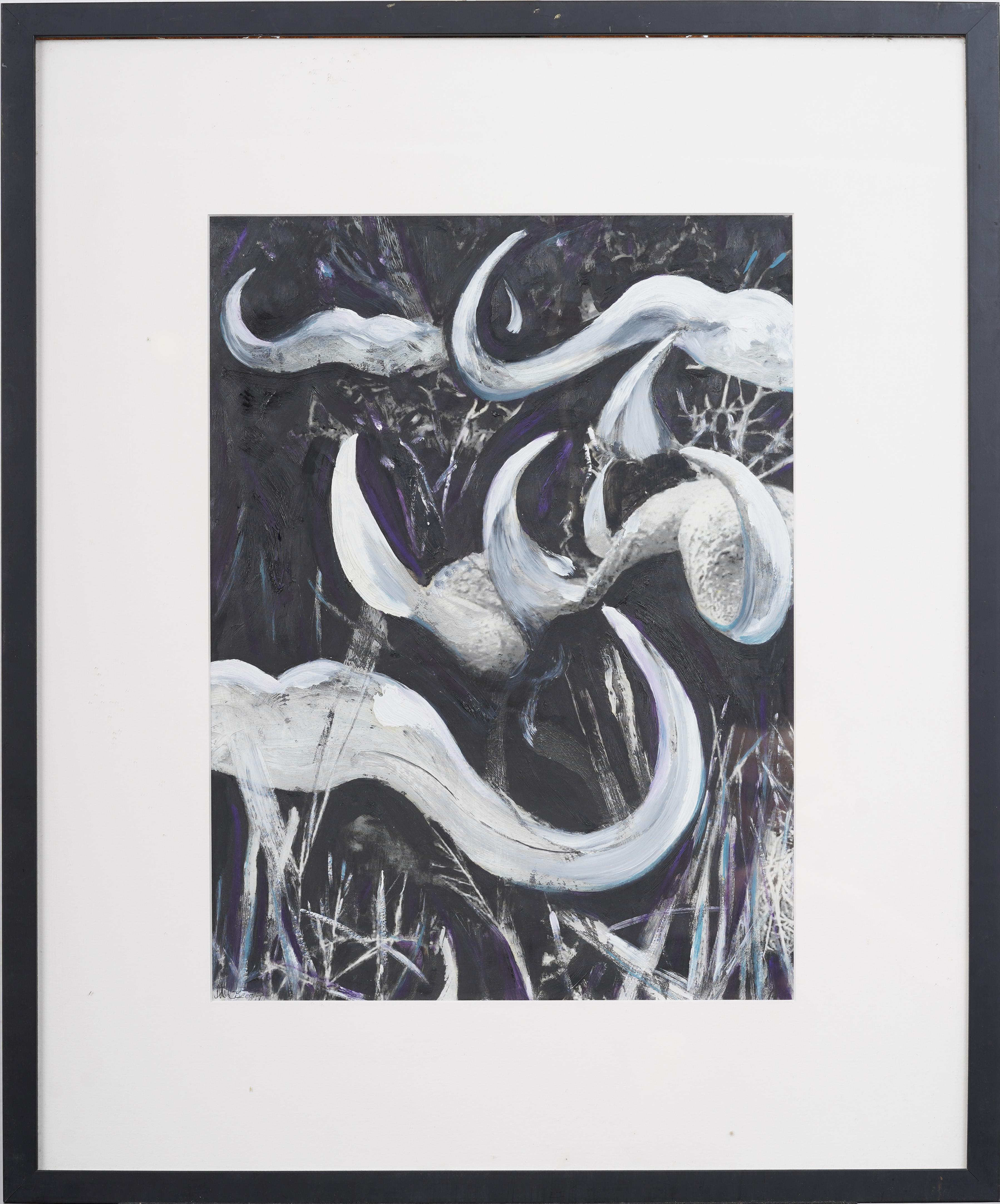 Vintage American Modernist Surreal Moustache Bull Horn Landscape Framed Painting - Gray Still-Life Painting by Unknown