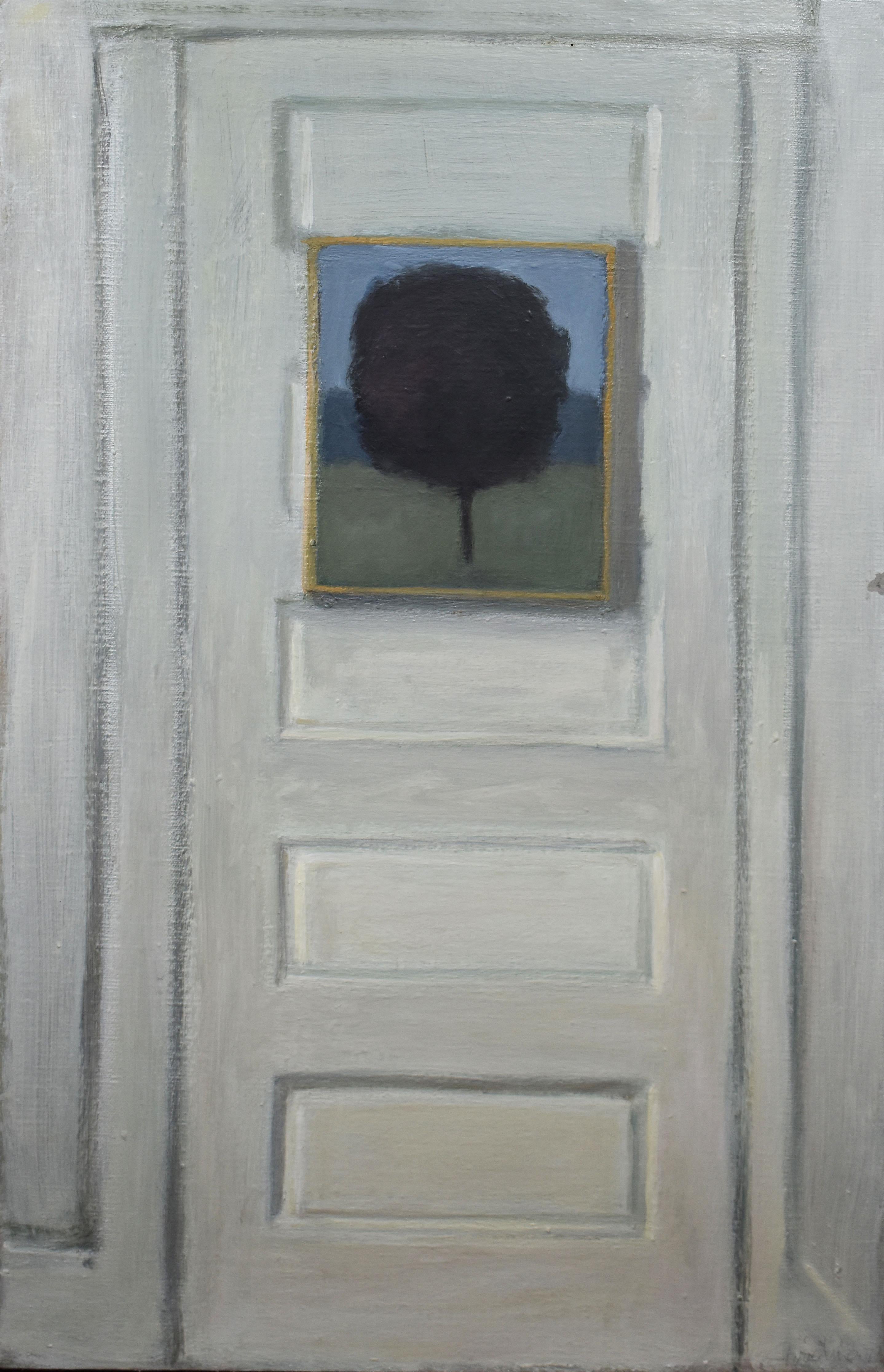 Antique American modernist tromp l'eoil interior painting. Oil on canvas, circa 1973. Signed. Displayed in a period modernist frame. Image size, 18