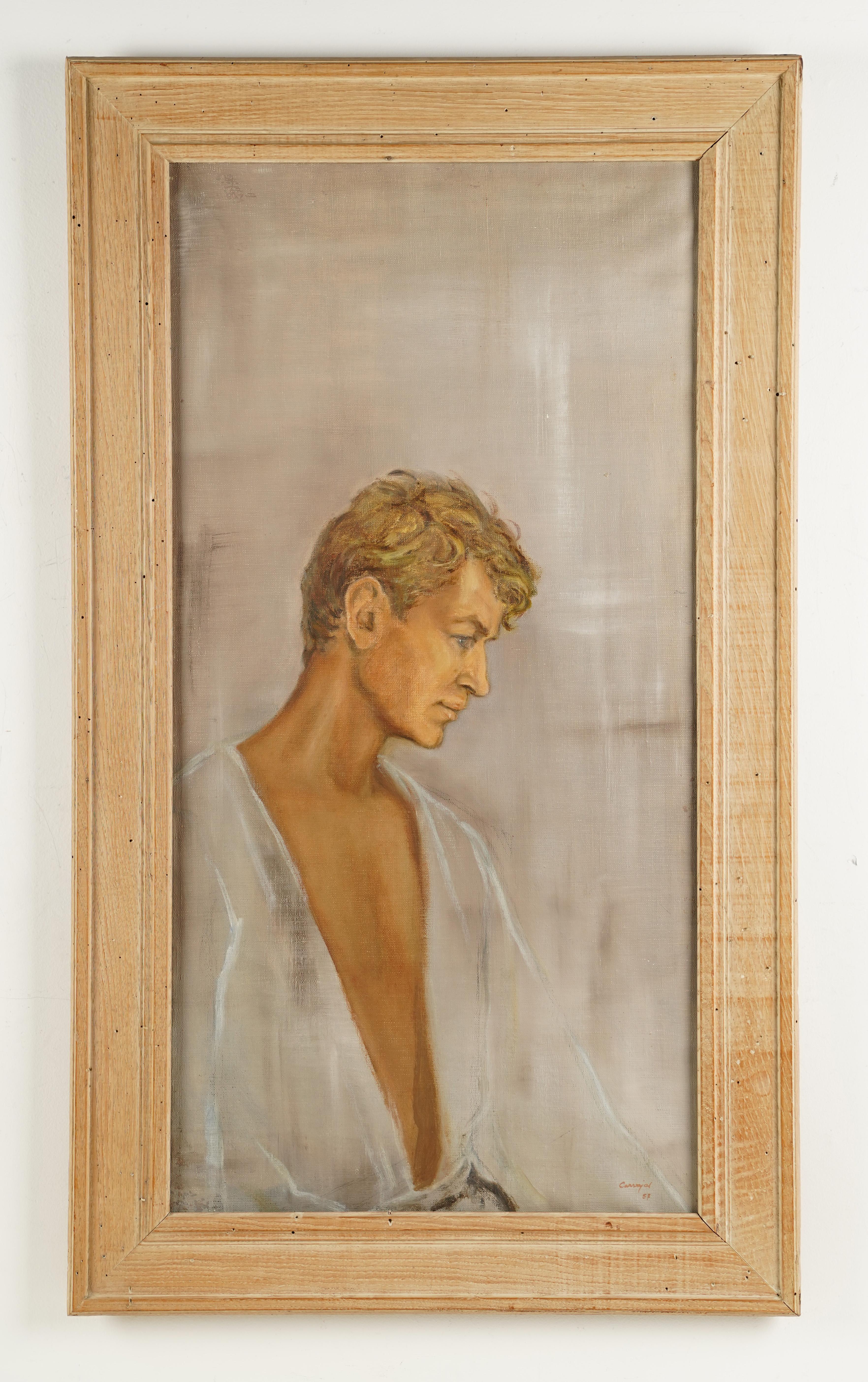 Antique American modernist male portrait signed oil painting.  Oil on canvas.  Signed.  Framed.  Image size, 18L x 36H.