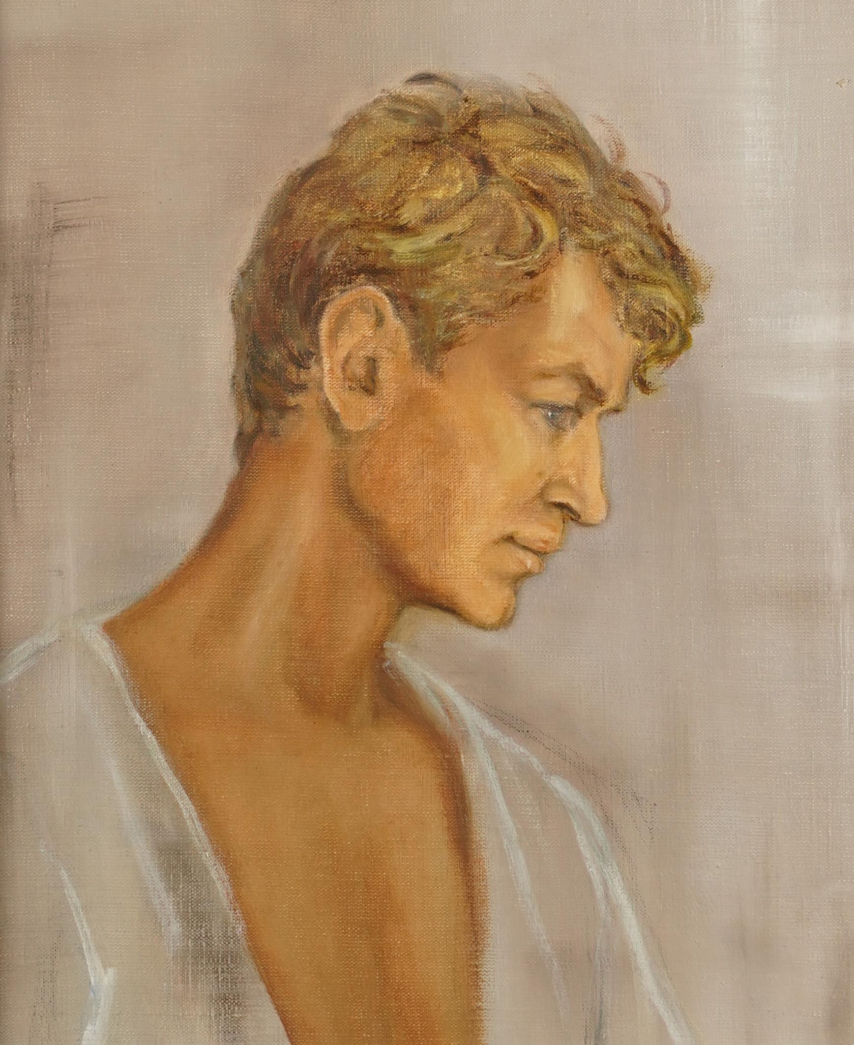 Vintage American Modernist Young Blond Male Portrait Signed Framed Oil Painting 2