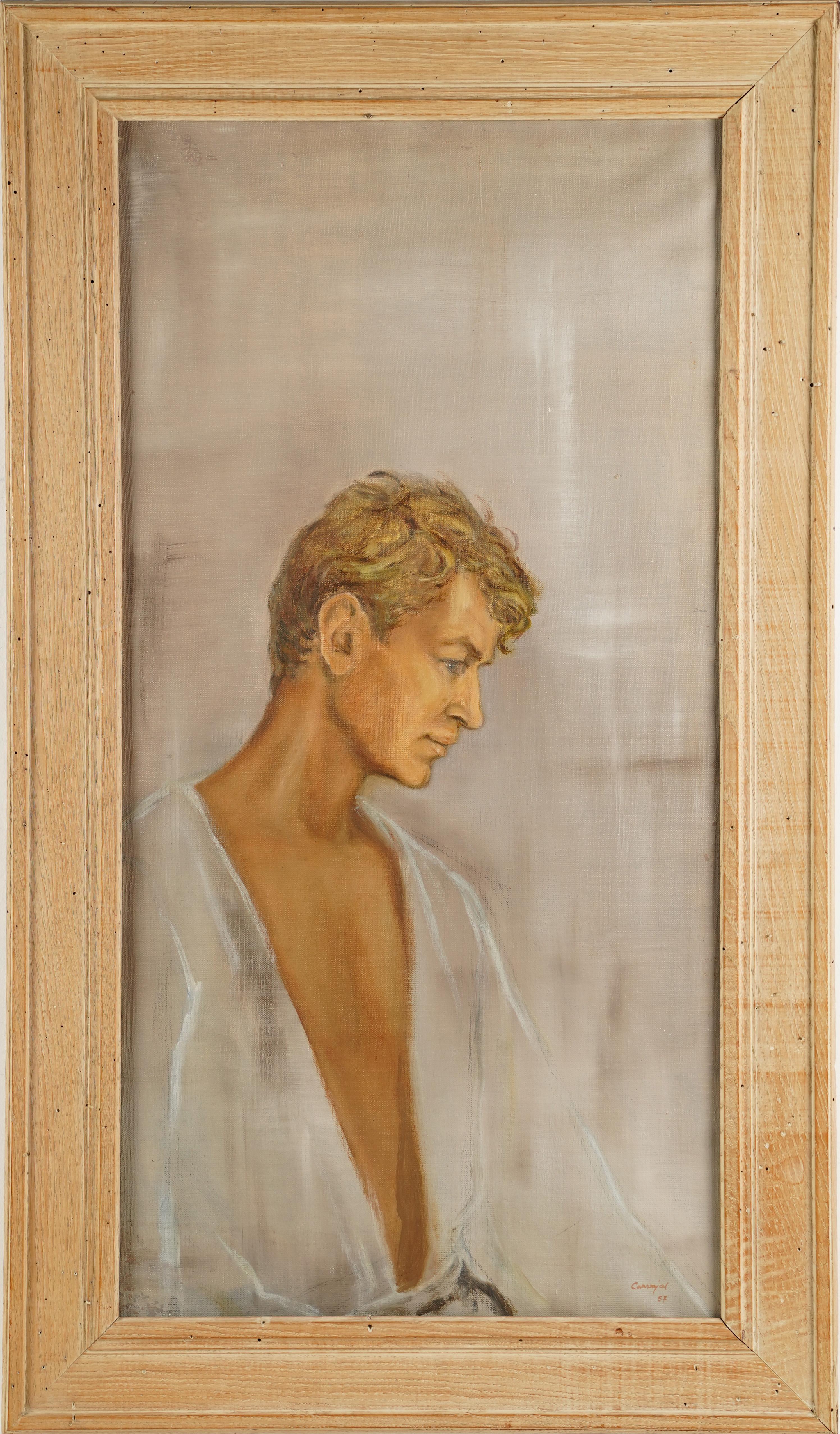 Unknown Portrait Painting - Vintage American Modernist Young Blond Male Portrait Signed Framed Oil Painting