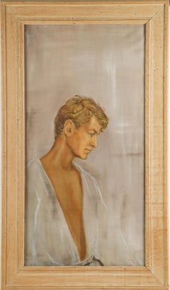Vintage American Modernist Young Blond Male Portrait Signed Framed Oil Painting