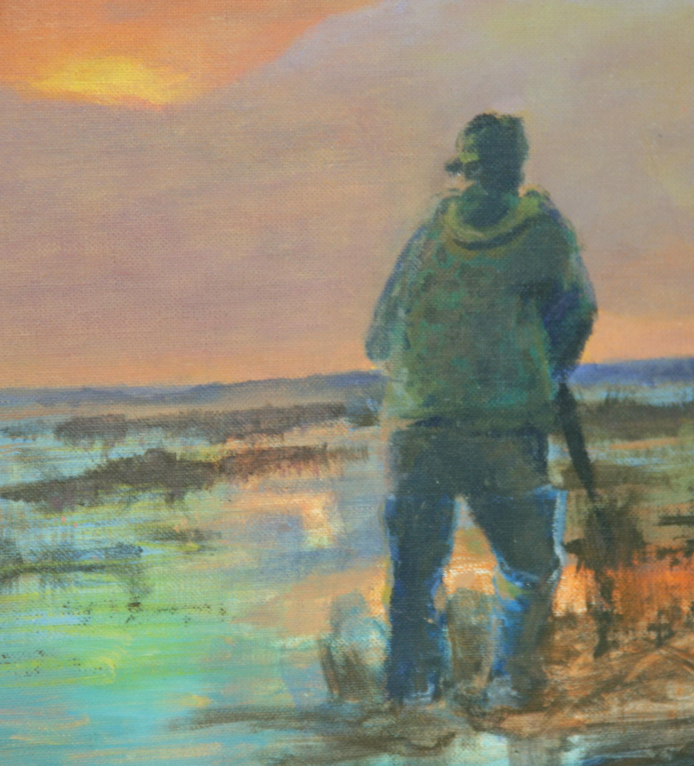 Vintage American Morning Duck Hunt Sunrise (Lever de soleil sur la chasse aux canards)  Paysage 1960 - Marron Landscape Painting par Unknown