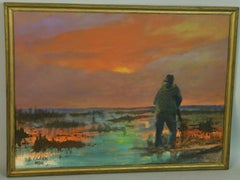 Vintage American Morning Duck Hunt Sunrise (Lever de soleil sur la chasse aux canards)  Paysage 1960