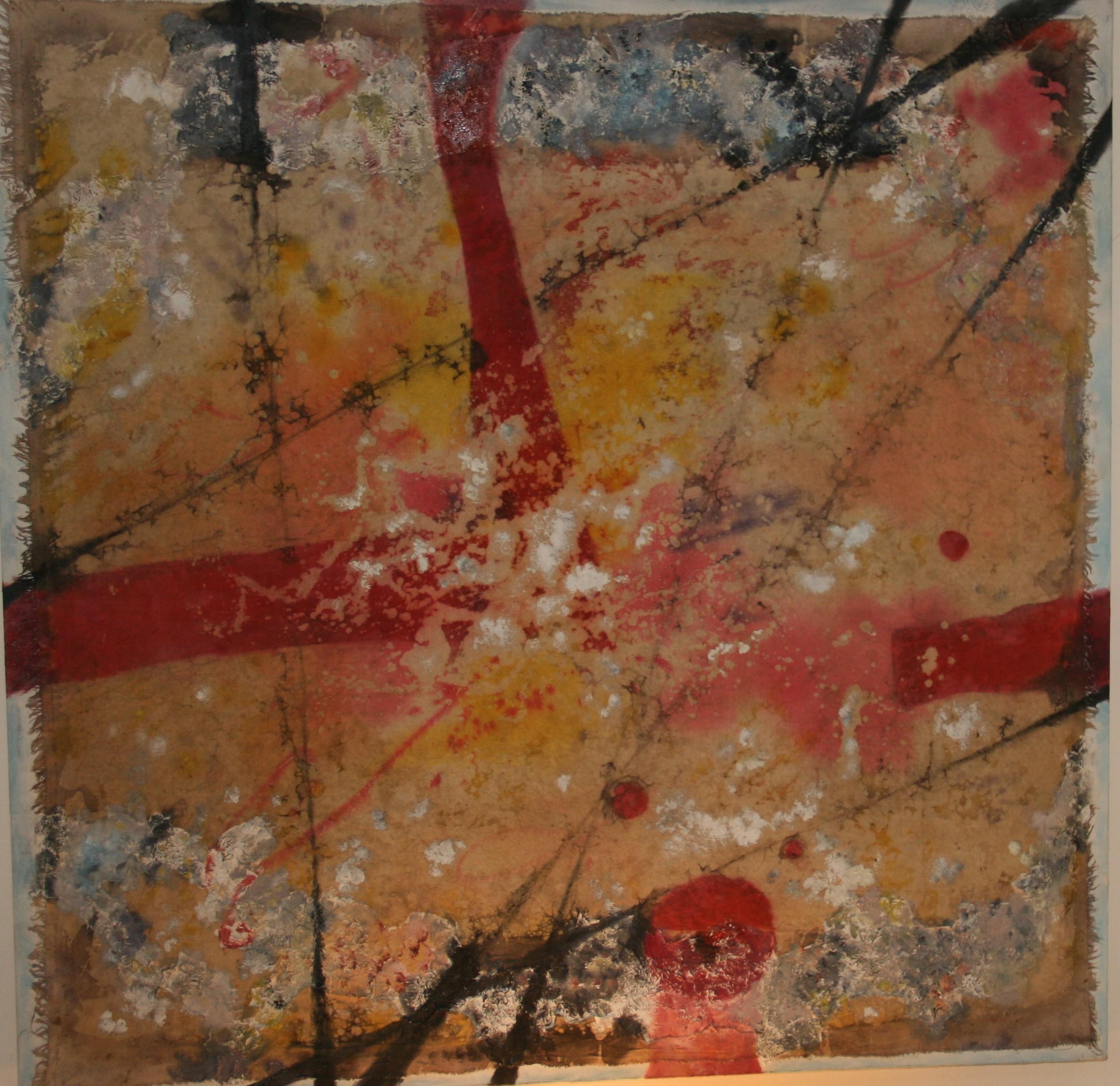 Vintage By Pittura ad olio astratta Fiori rossi in un campo - Painting di Unknown