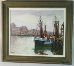 Vintage American Oil Painting "Montauk Fishing Fleet" 1985