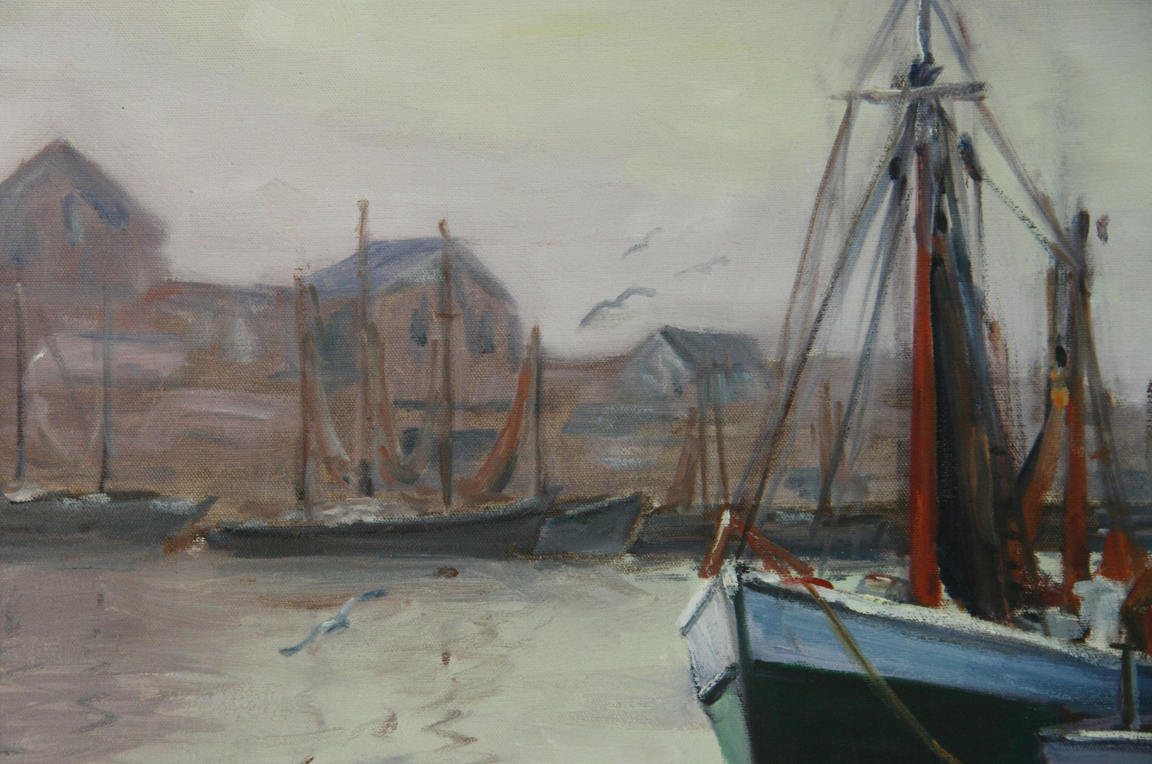 Amerikanisches Vintage-Ölgemälde, Ölgemälde „Montauk-Fischflotte“, 1985 im Angebot 1