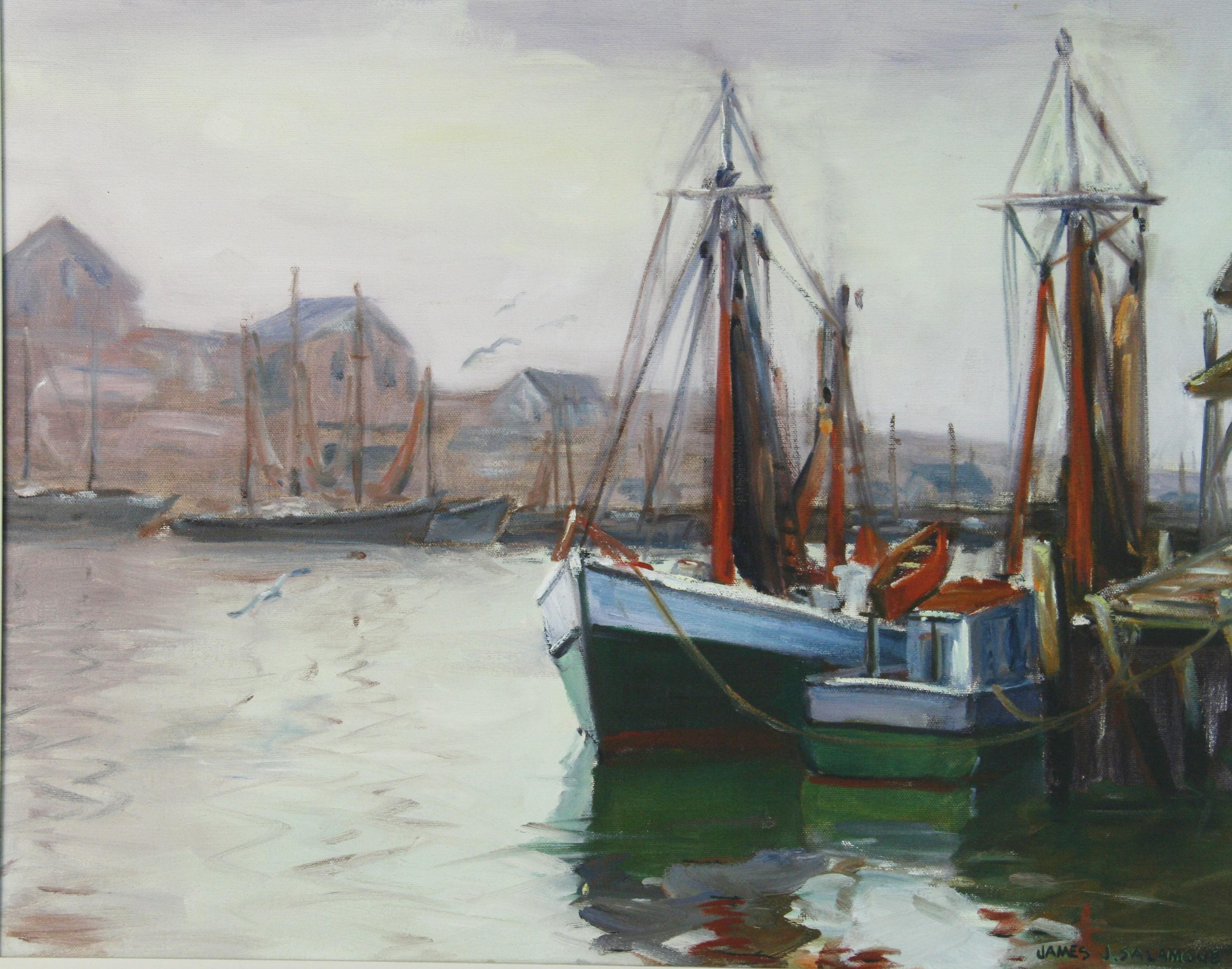 Amerikanisches Vintage-Ölgemälde, Ölgemälde „Montauk-Fischflotte“, 1985