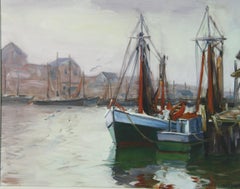 Vintage American Oil Painting "Montauk Fishing Fleet" 1985