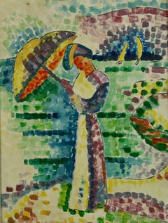 Pointillist Landscape Oil Painting of Woman with Umbrella, Framed