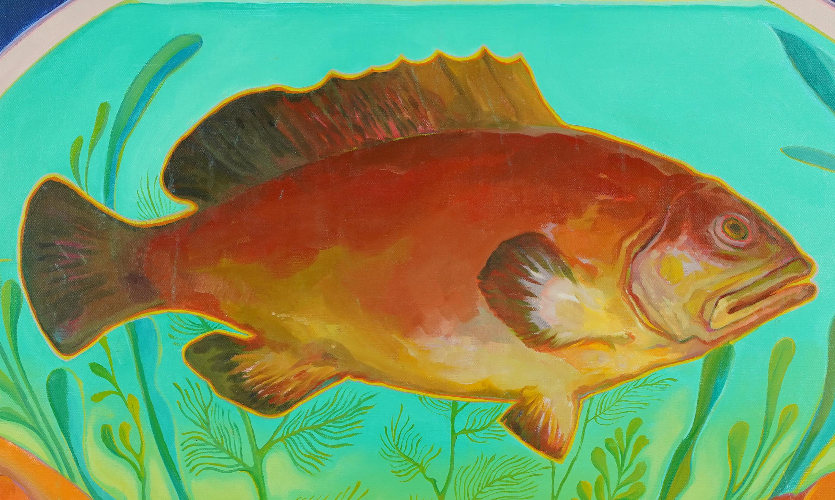 Vintage American Schule modernistischen Fisch Stillleben Ölgemälde.  Öl auf Leinwand.  Keine Signatur gefunden.  Gerahmt.  Bildgröße, 30L x 24H.