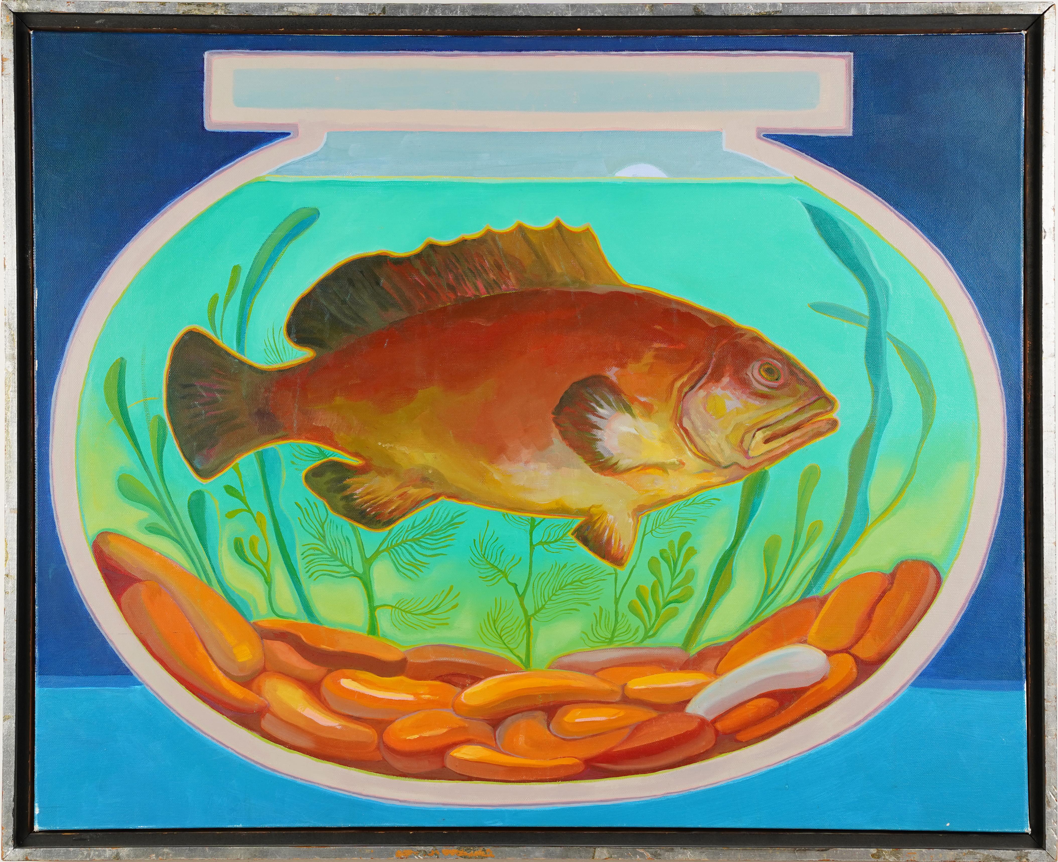 Vintage American Pop Art Goldfish Still Life Pittura ad olio originale moderna