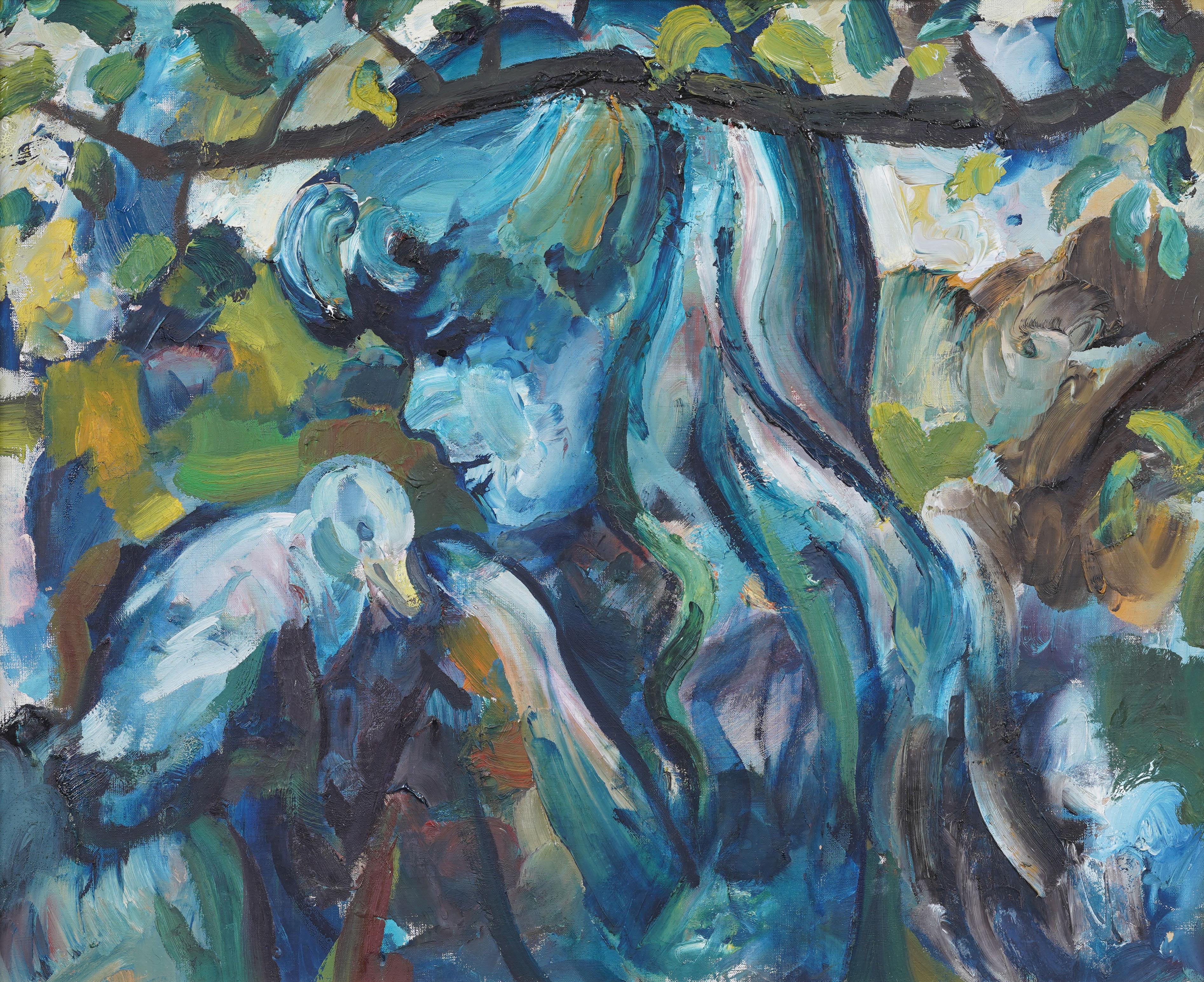 Vintage American Post Impressionist Woman and Bird Encadré Peinture à l'huile - Moderne Painting par Unknown