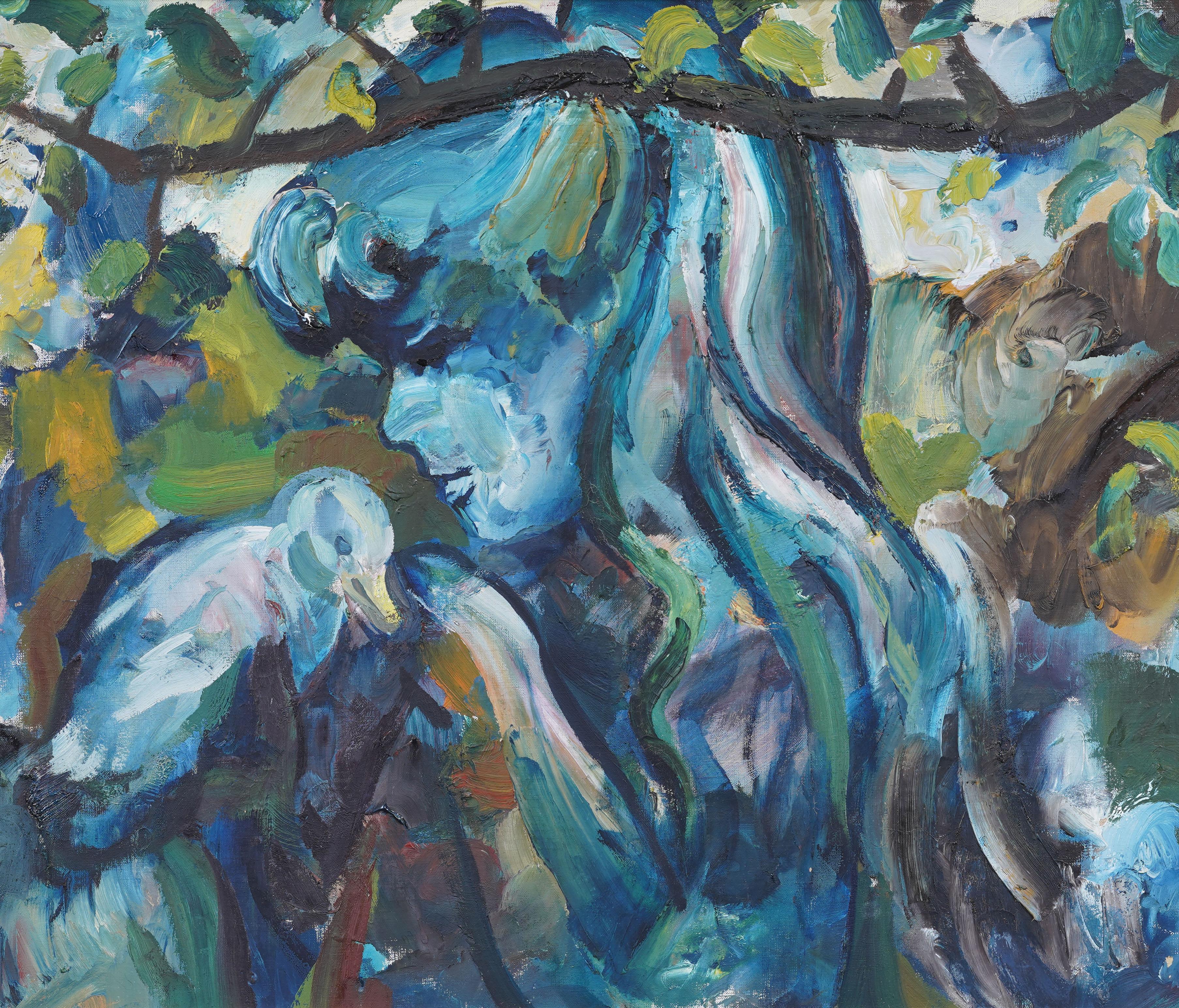 Vintage American Post Impressionist Woman and Bird Encadré Peinture à l'huile - Gris Abstract Painting par Unknown