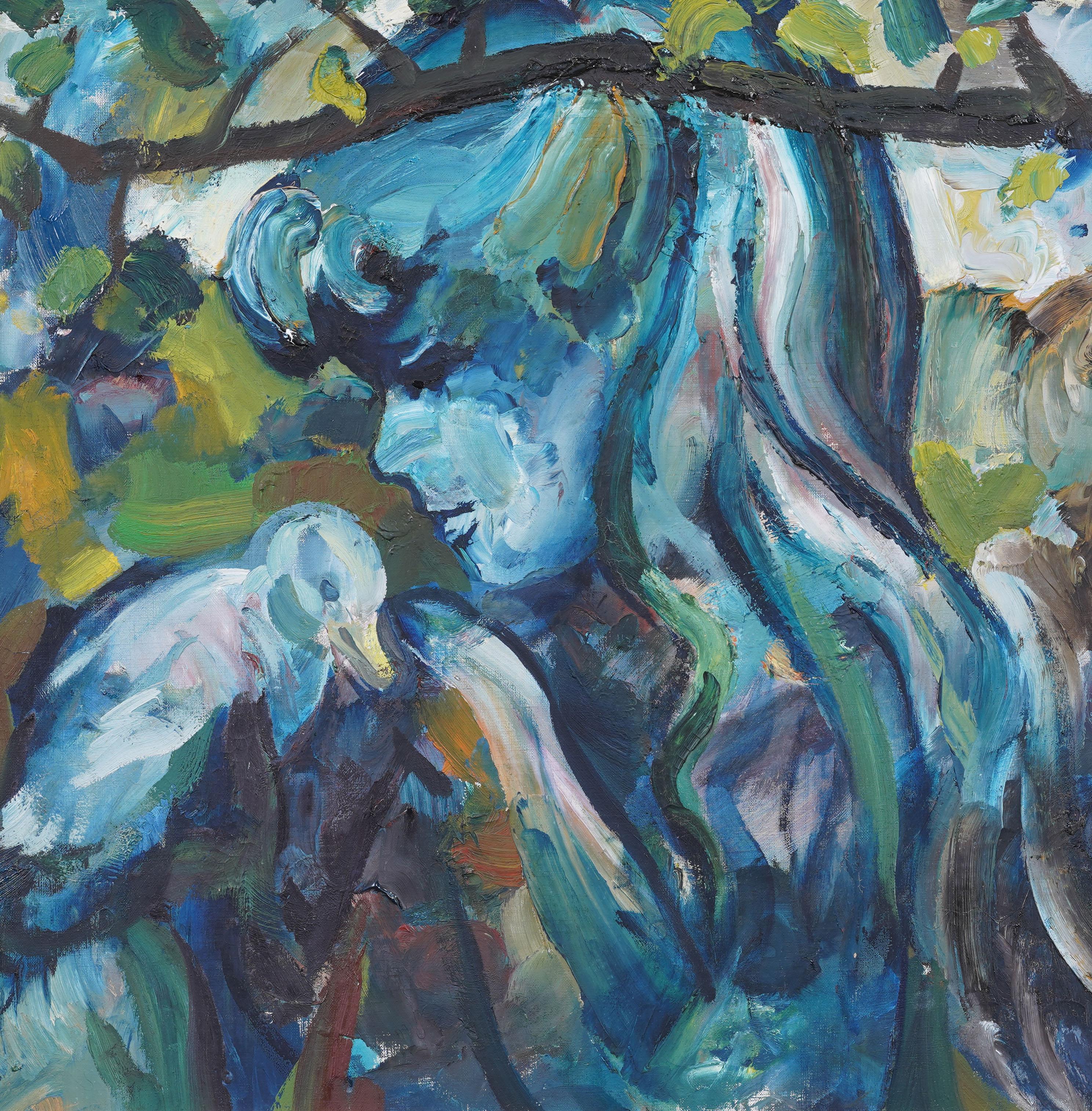 Peinture à l'huile abstraite moderniste américaine vintage représentant une femme et un oiseau. Huile sur toile. Signé au verso. Encadré. Provenance de la Fairleigh Dickinson University.   Dimensions : 25 x 30 pouces (hors tout).  En excellent état